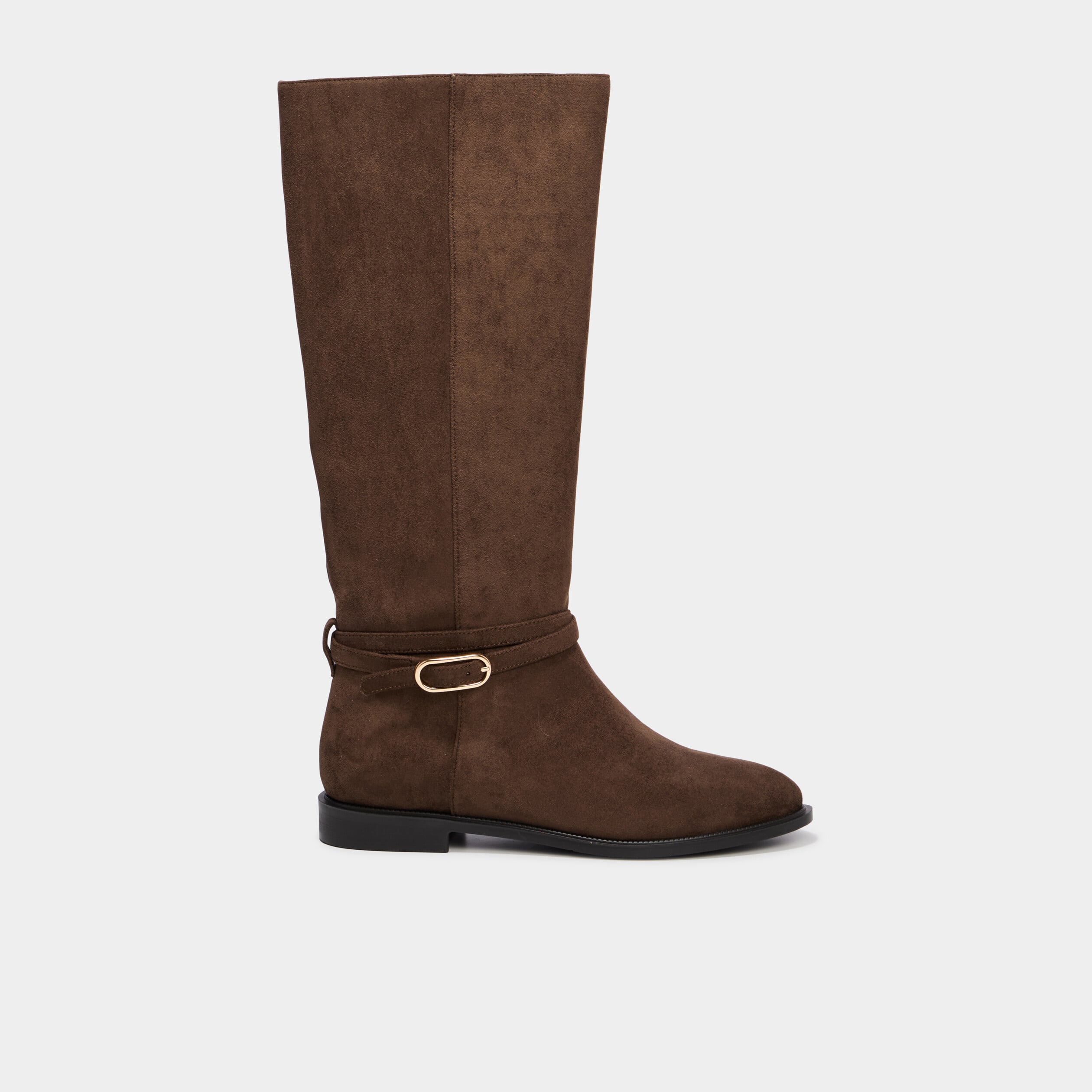 Botte haute plate en su&eacute;dine &agrave; boucle taupe femme