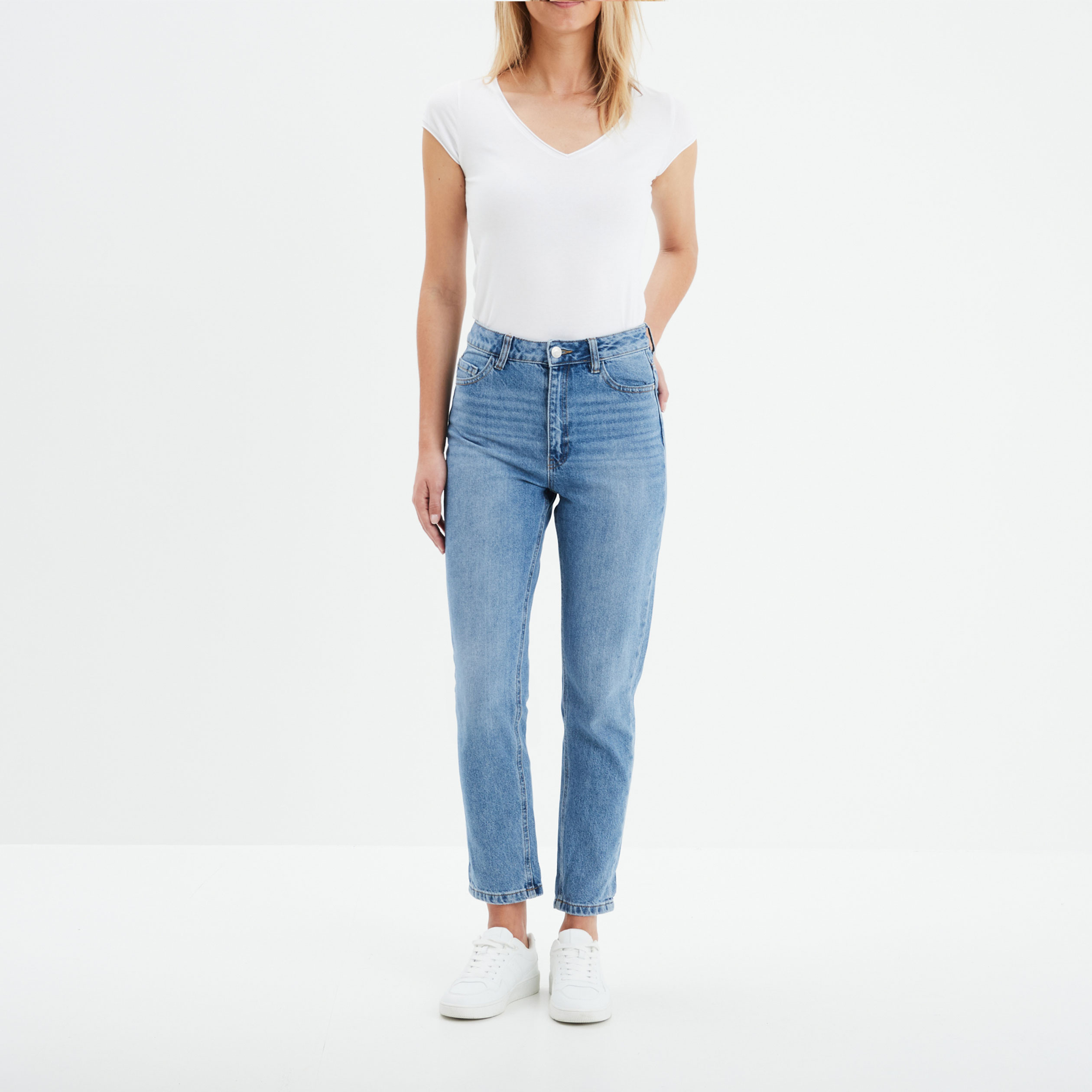 Jeans mom 7/8&egrave;me taille haute coton denim double stone femme