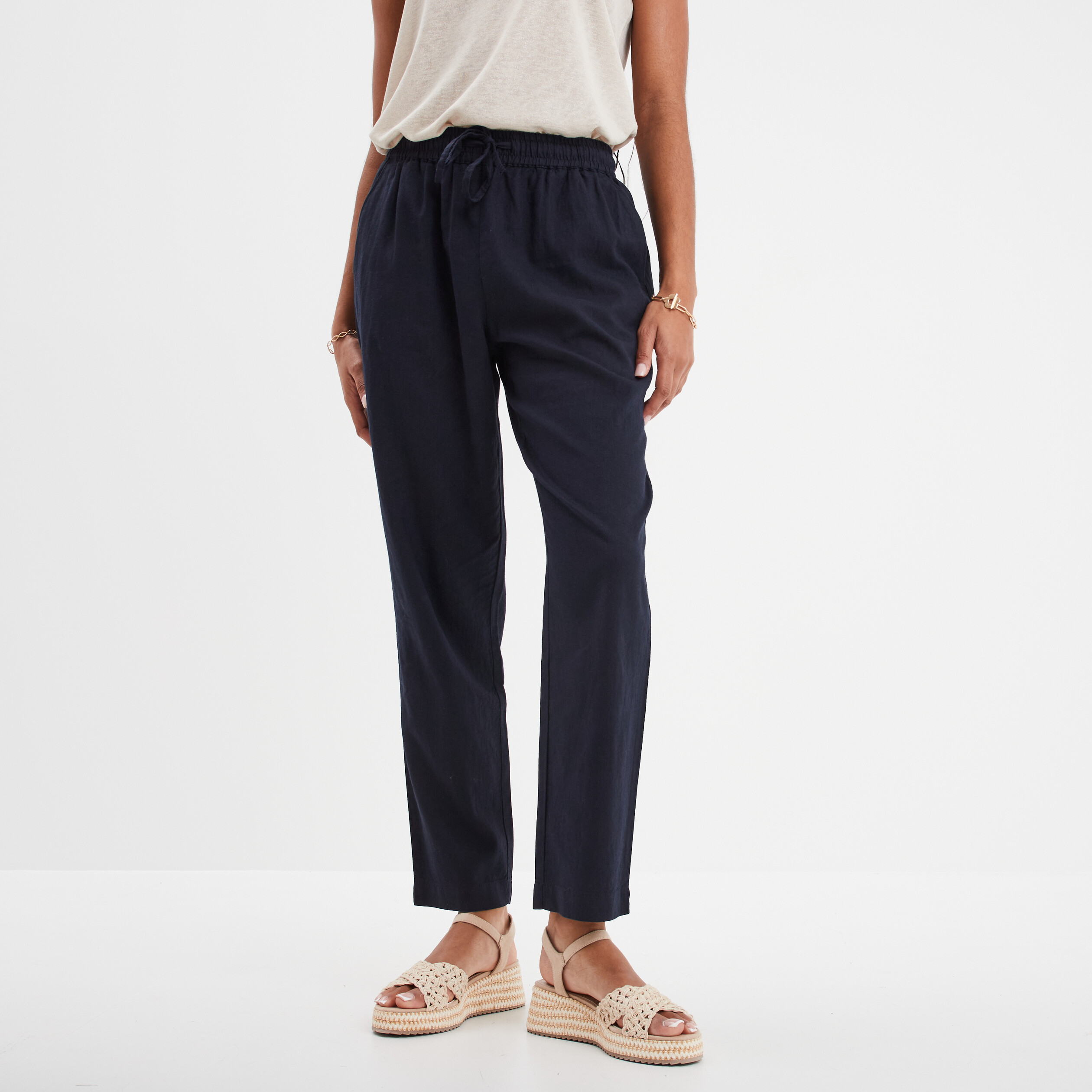 Pantalon droit 7/8&egrave;me lin m&eacute;lang&eacute; bleu fonc&eacute; femme