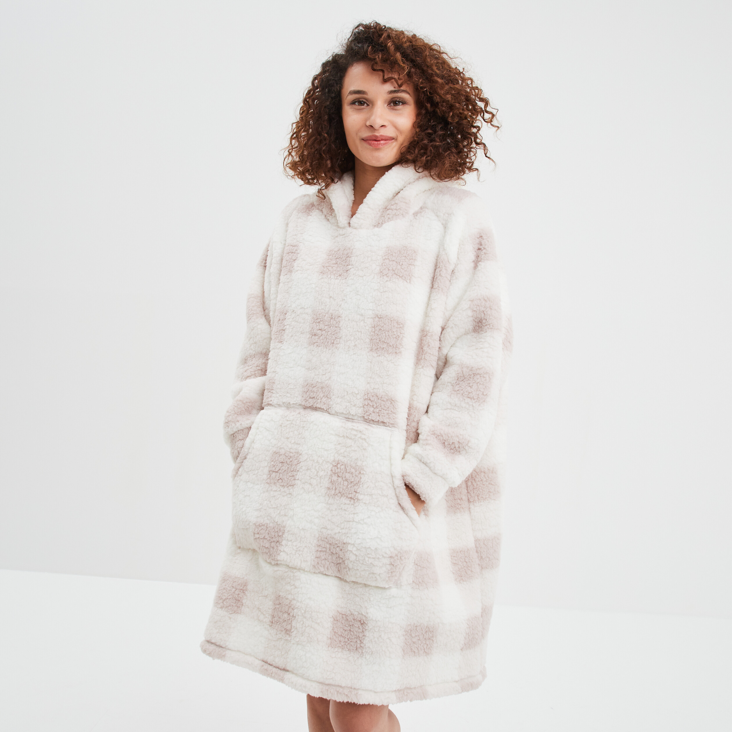 Poncho plaid long pilou rose femme