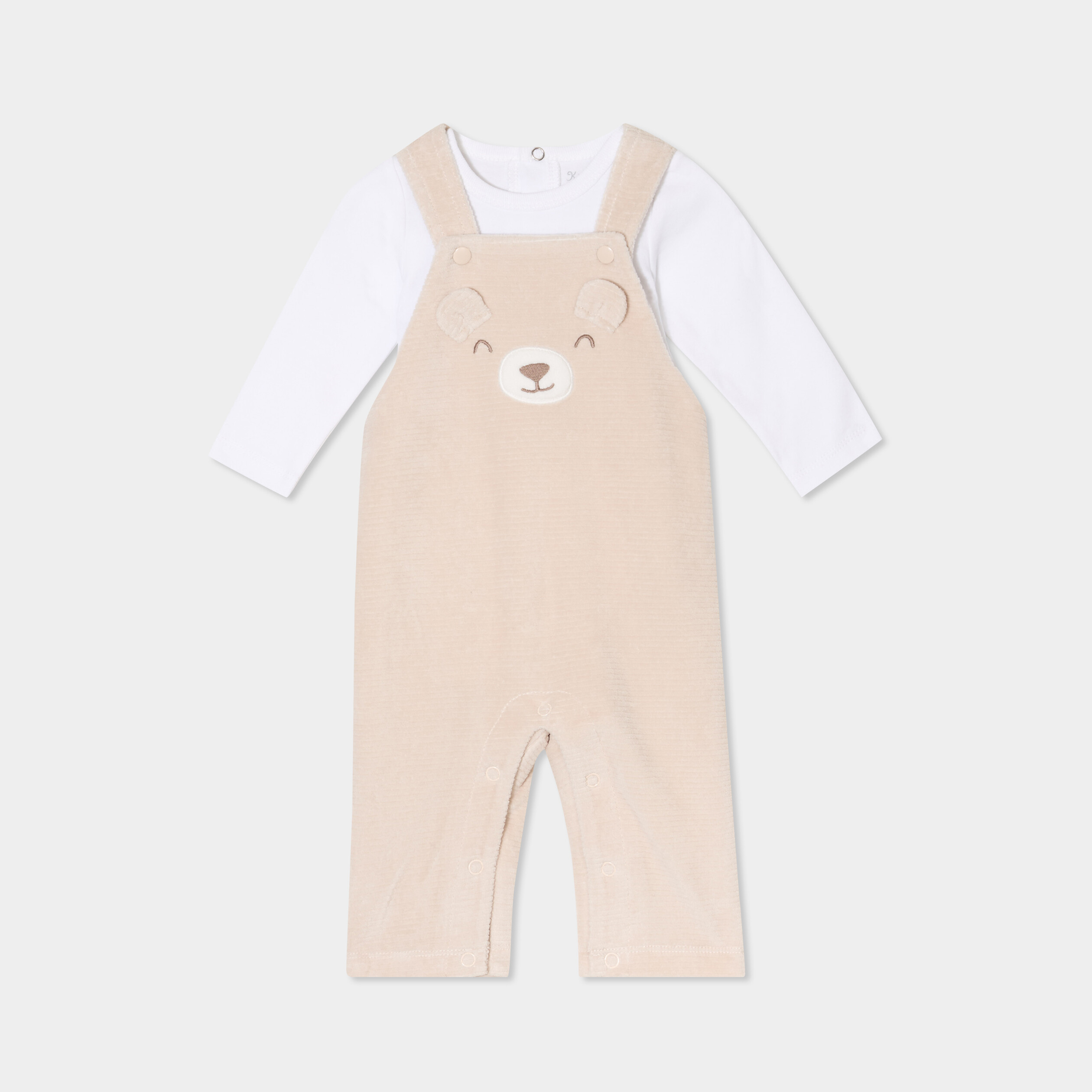 Ensemble t-shirt salopette effet velours beige b&eacute;b&eacute;