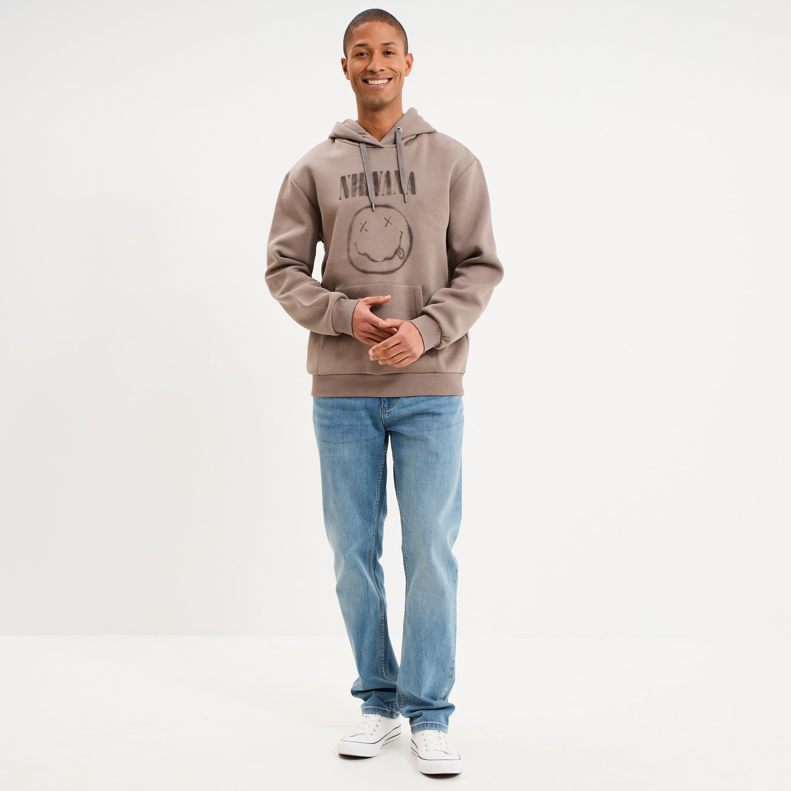 Sweat hoodie molleton 1 poche Nirvana taupe homme