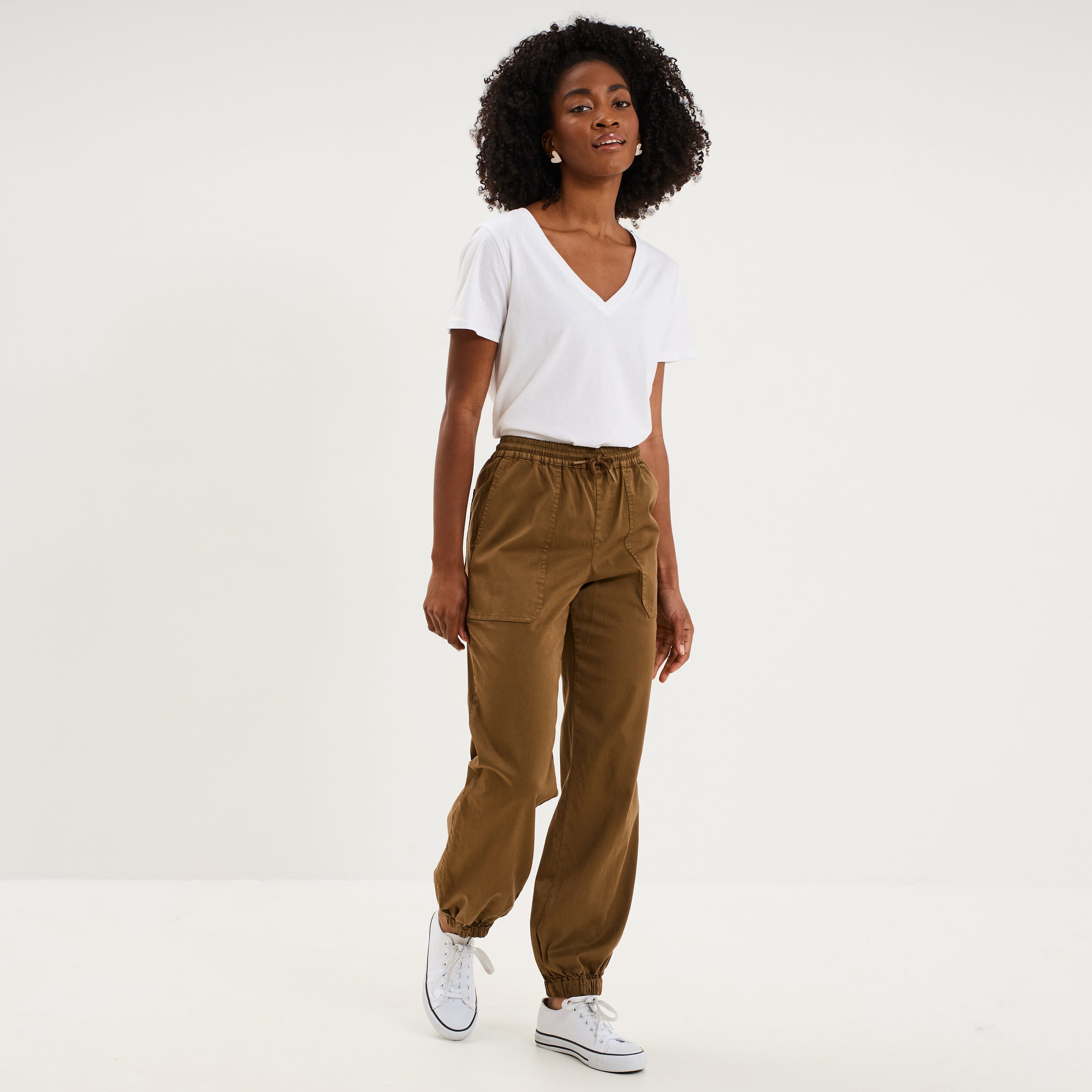 Pantalon cargo droit cropped lyocell beige femme