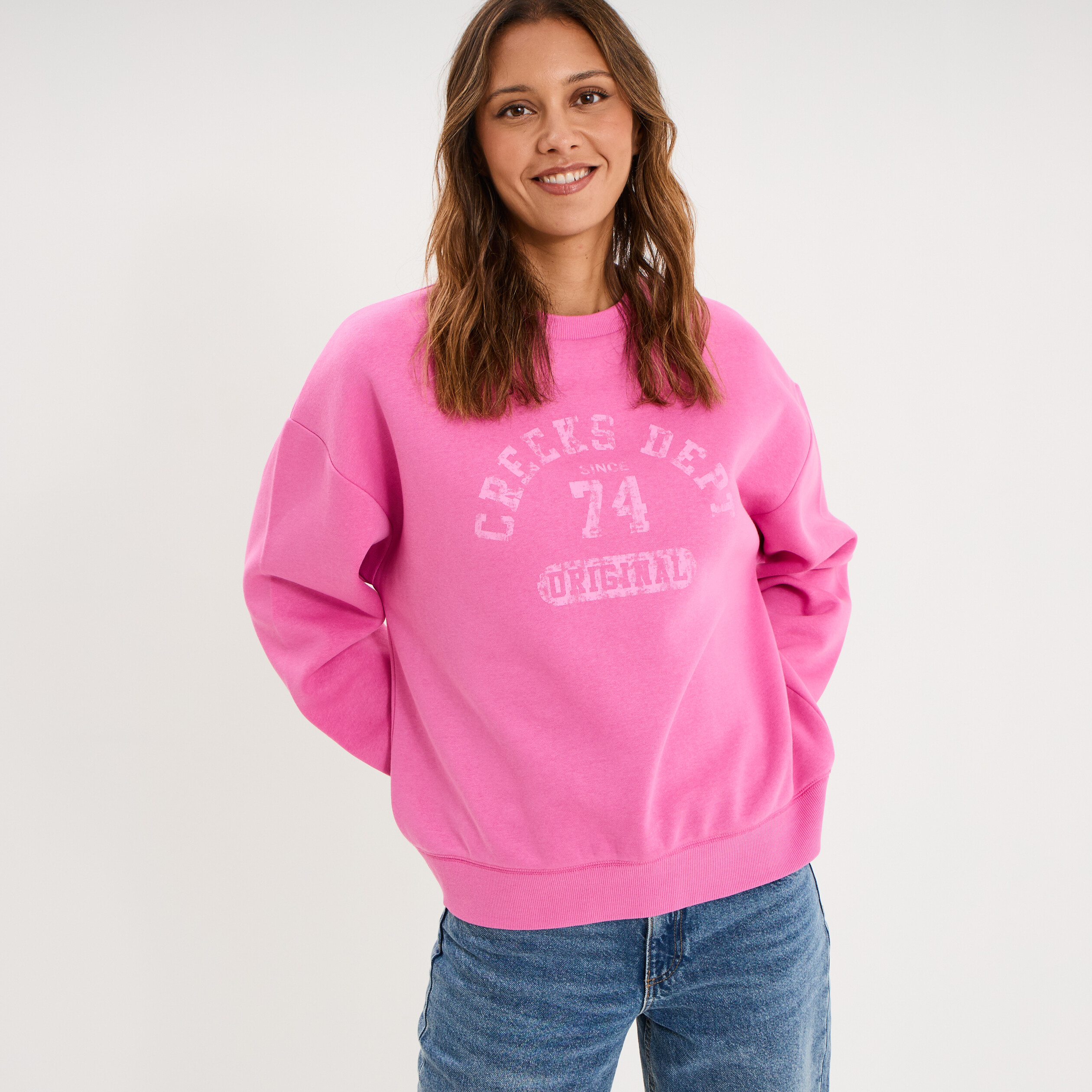 Sweat col rond manches longues rose fushia femme