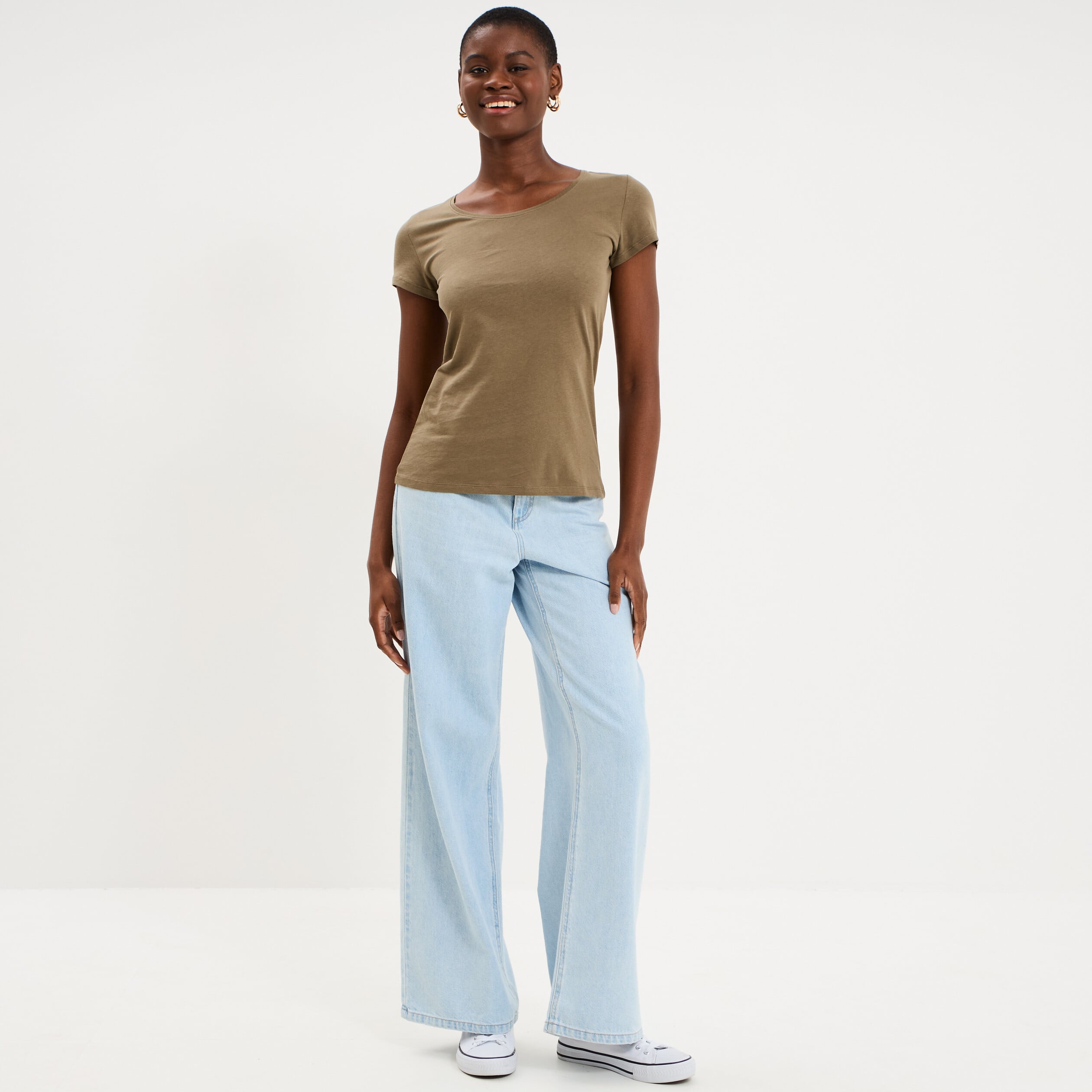 T-shirt coton col rond manches courtes vert kaki femme