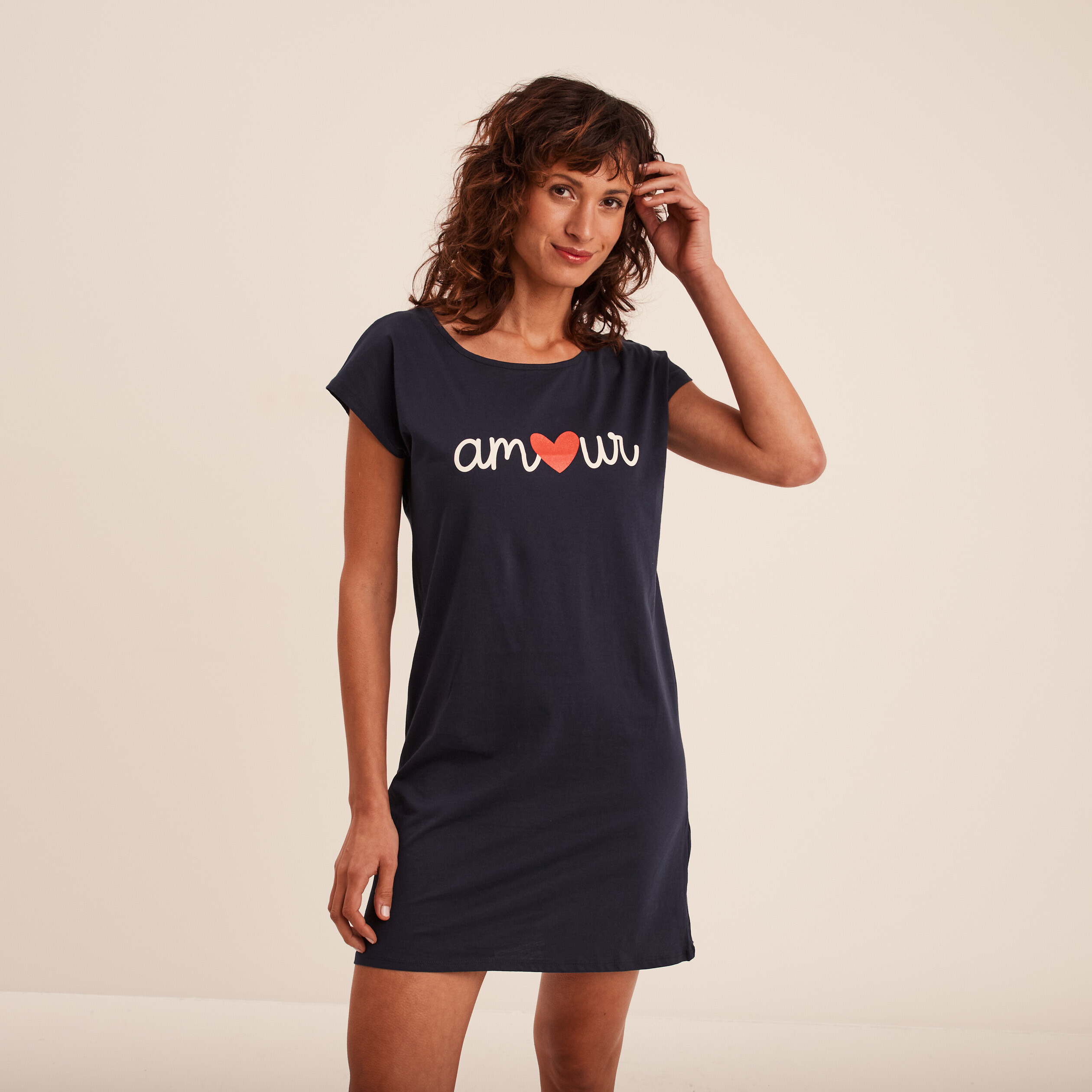 Chemise de nuit manches courtes coton bleu marine femme