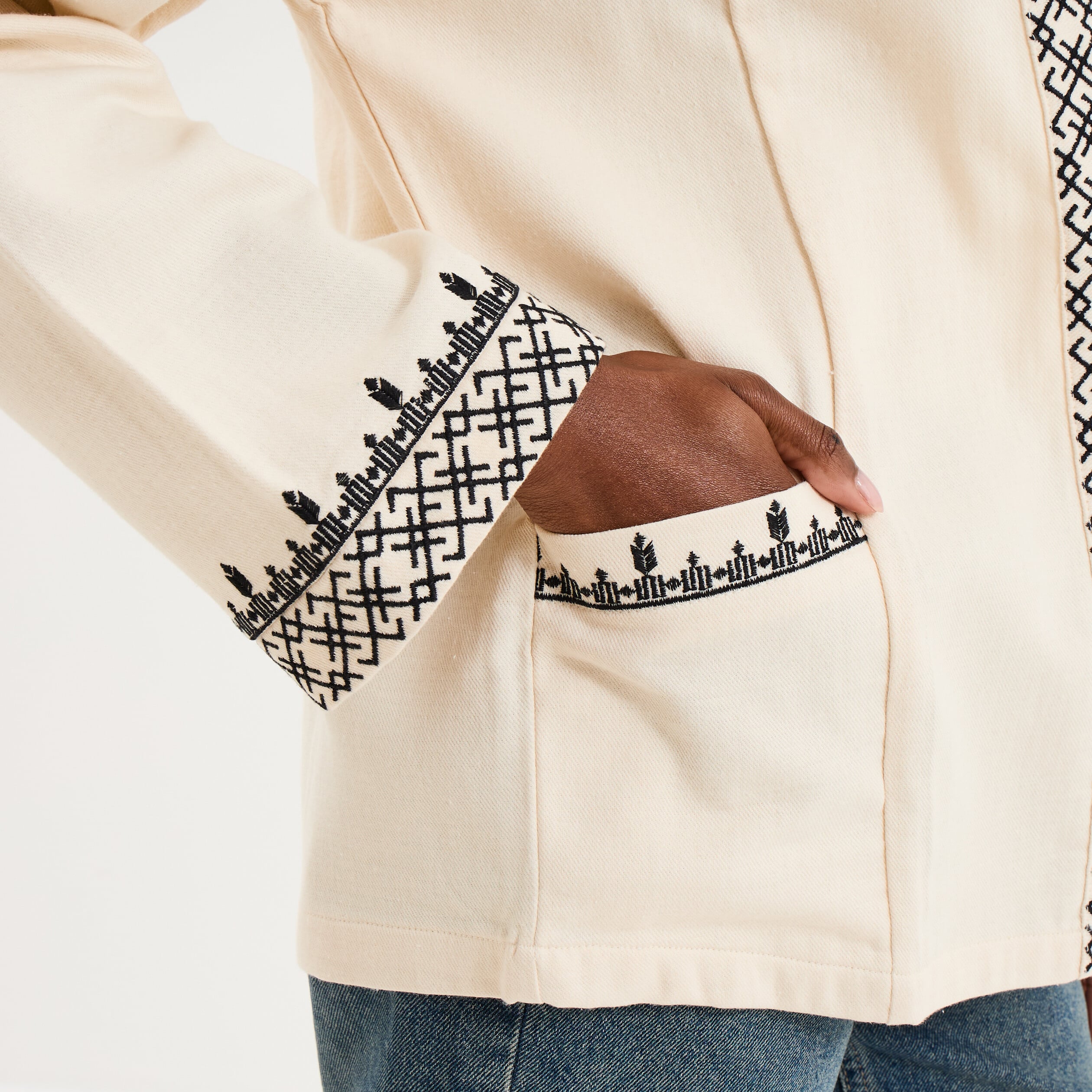 Veste esprit kimono brod&eacute;e coton ivoire femme