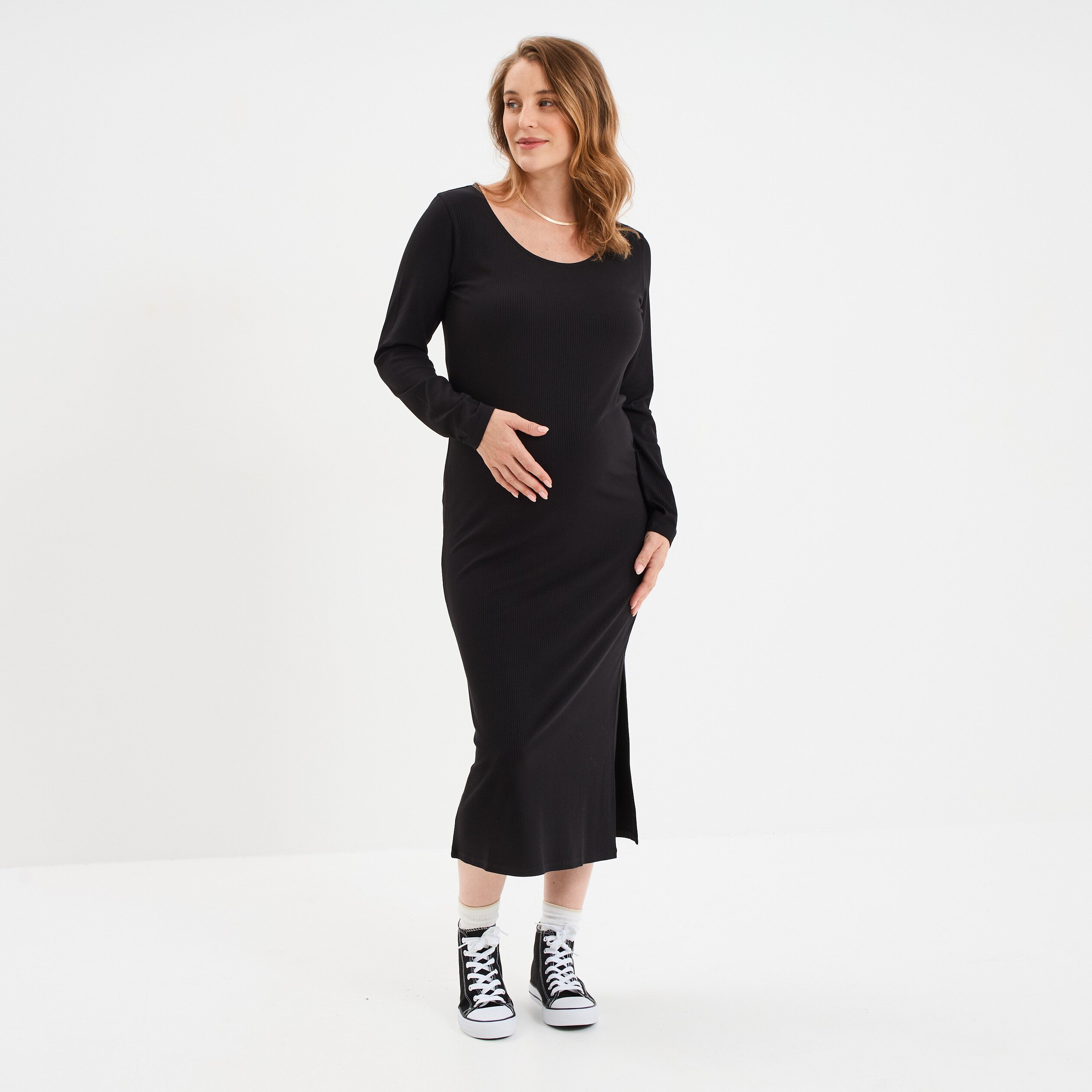 robe longue cotelee grossesse noir femmemater Robe longue côtelée grossesse noir femme maternité