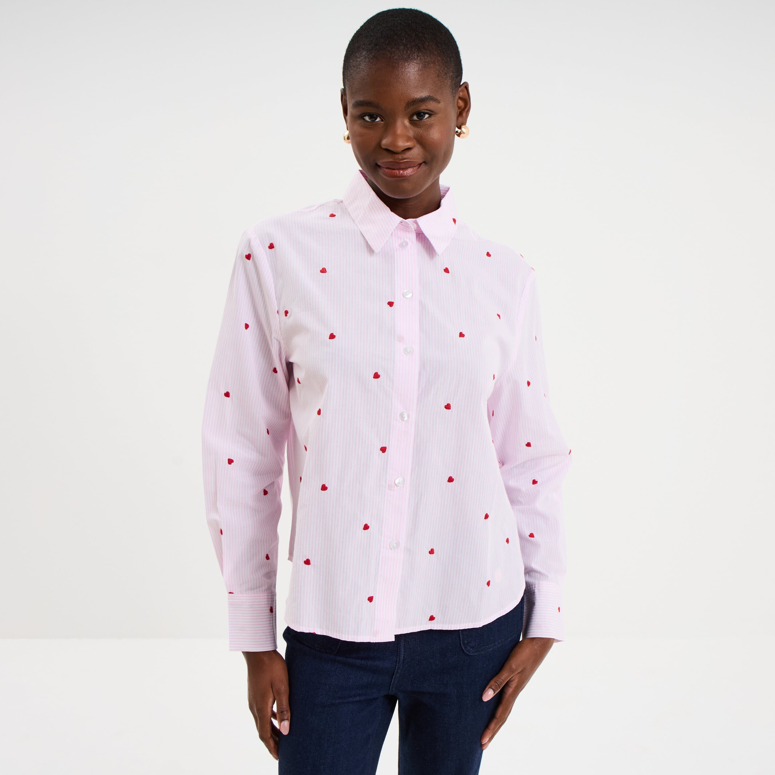 Chemise brod&eacute;e manches longues rose femme