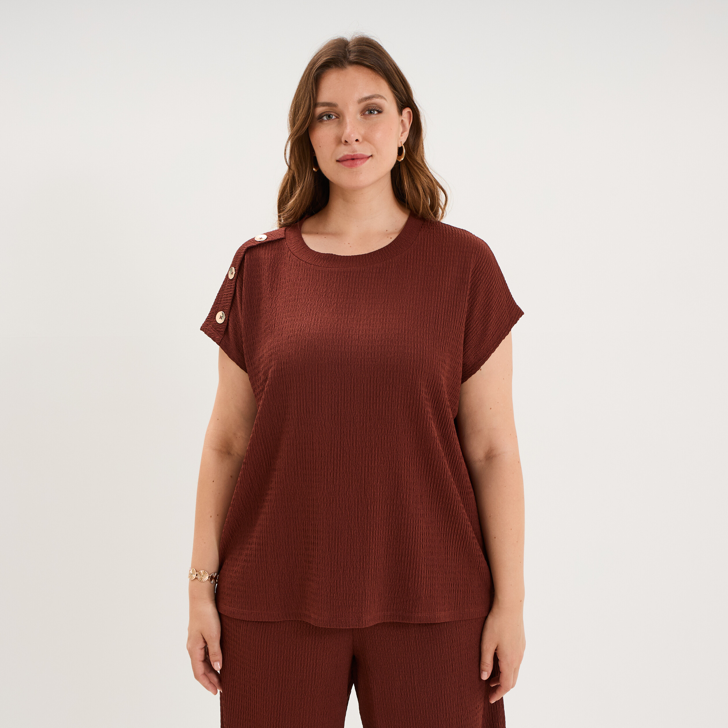 T-shirt manches courtes gaze de coton bordeaux femme grande taille