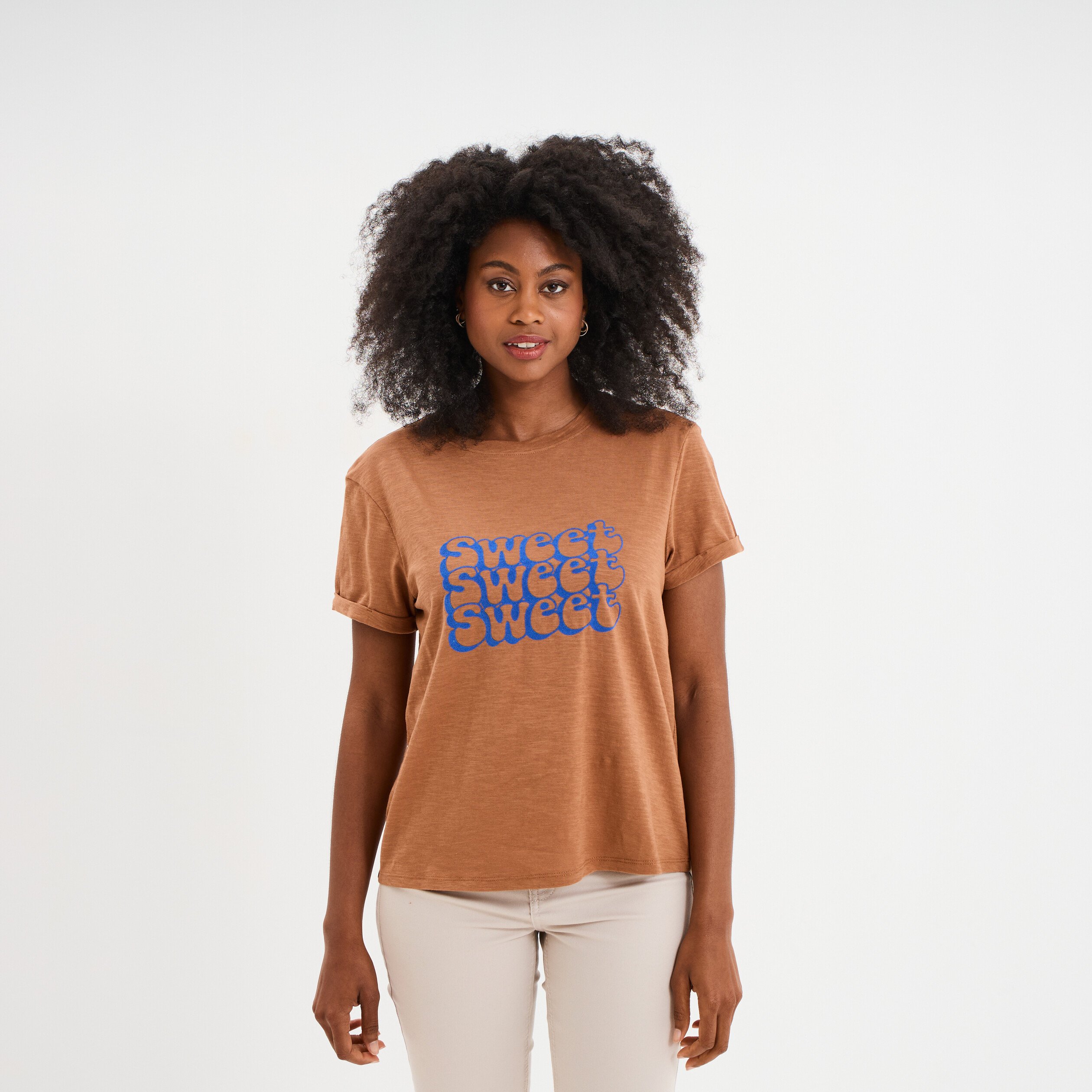 t shirt manches courtes coton beige femme T-shirt manches courtes coton beige femme