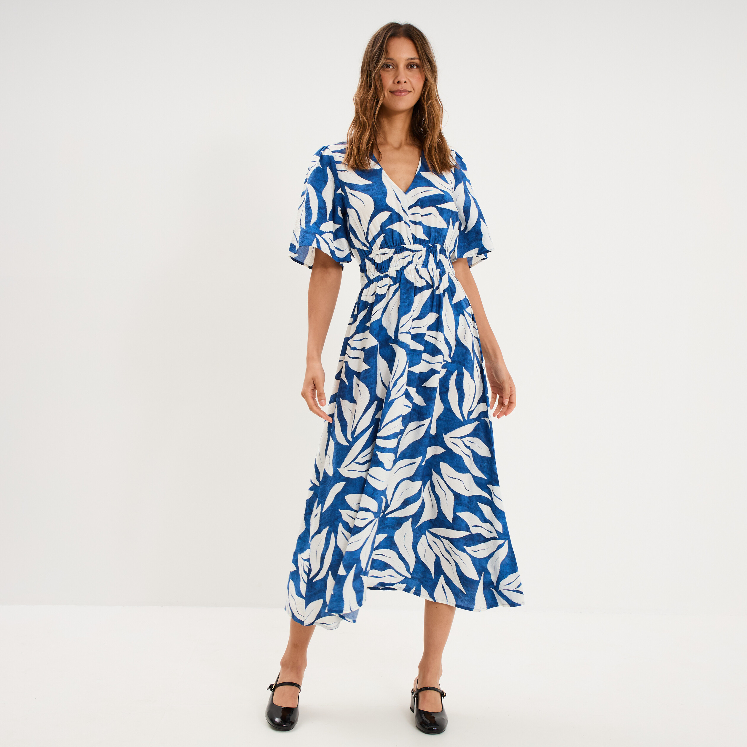 Robe longue col V taille &eacute;lastiqu&eacute;e bleu marine femme