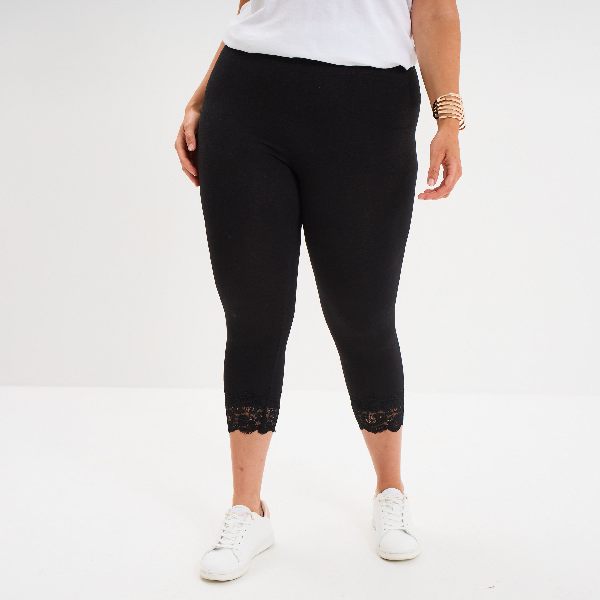 Legging 7/8&egrave;me bandes dentelle noir femme grande taille