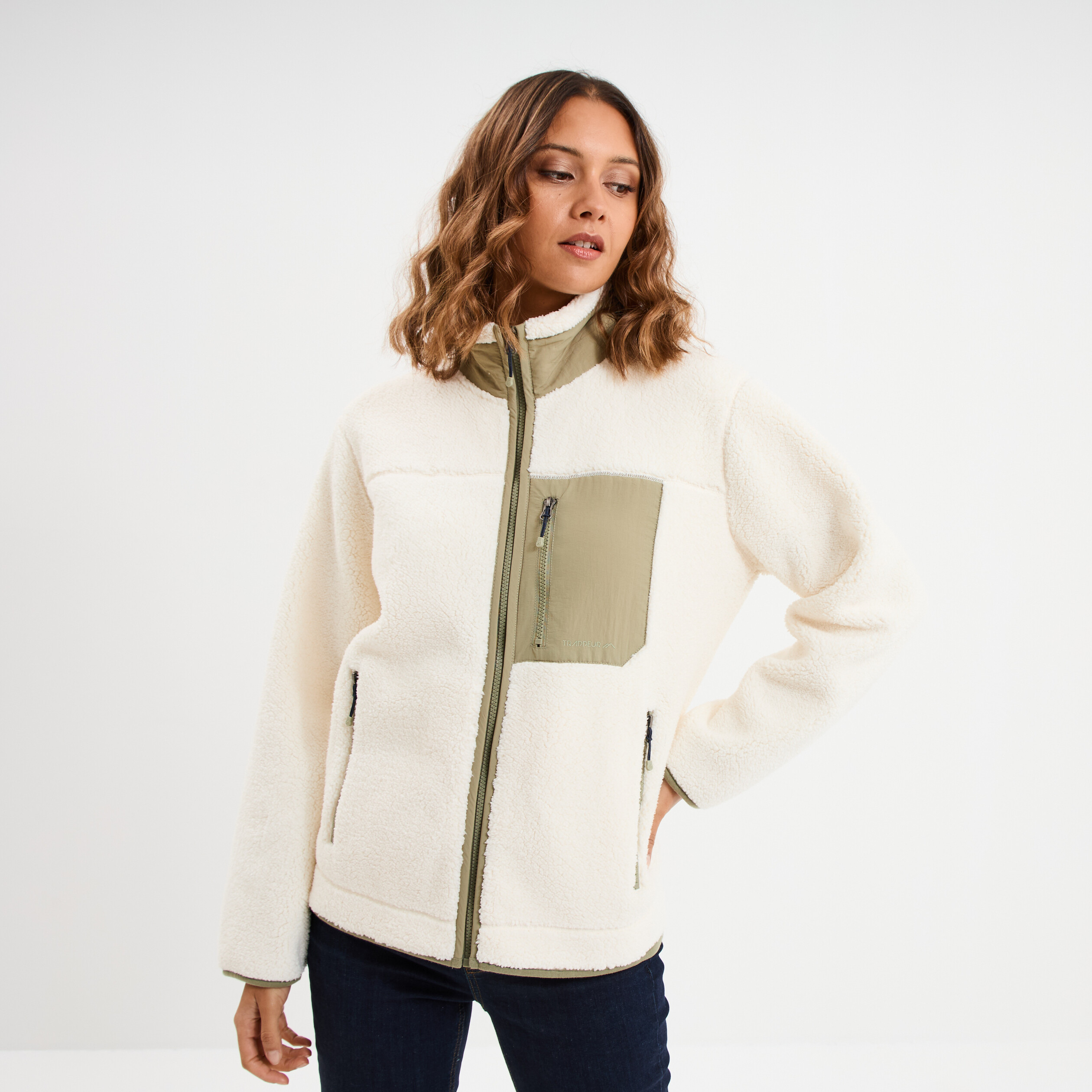 Veste zipp&eacute;e effet sherpa 3 poches blanc femme