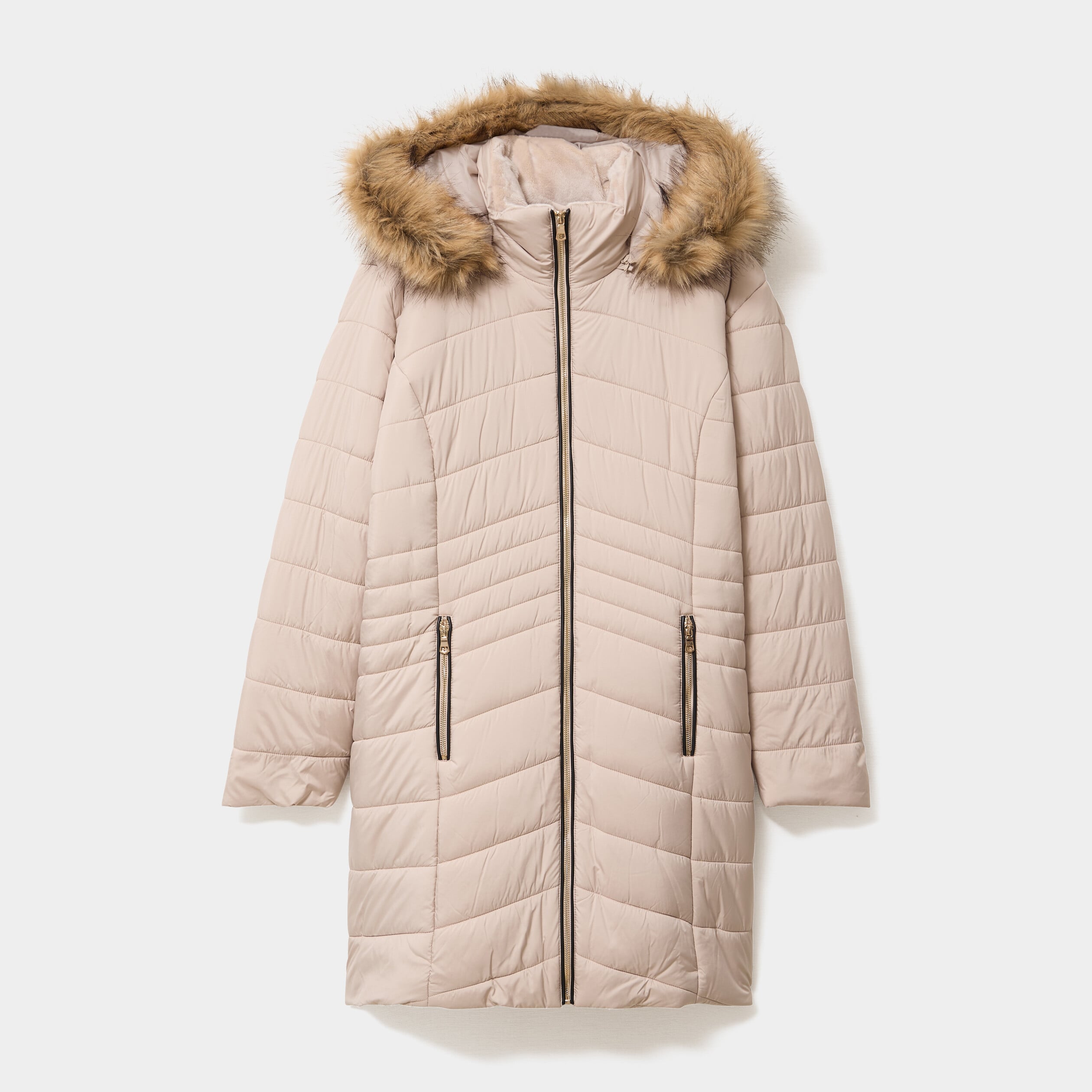 Doudoune longue &agrave; capuche beige femme grande taille