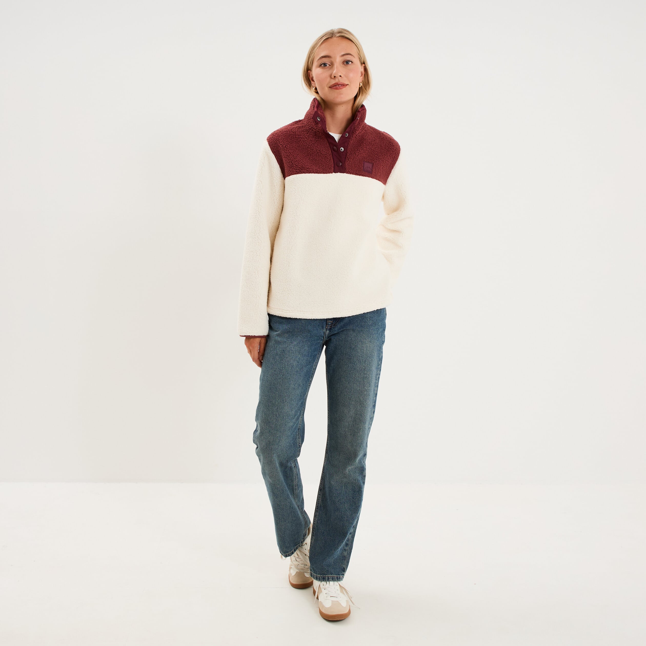 Sweat polaire col camionneur boutonn&eacute; blanc femme