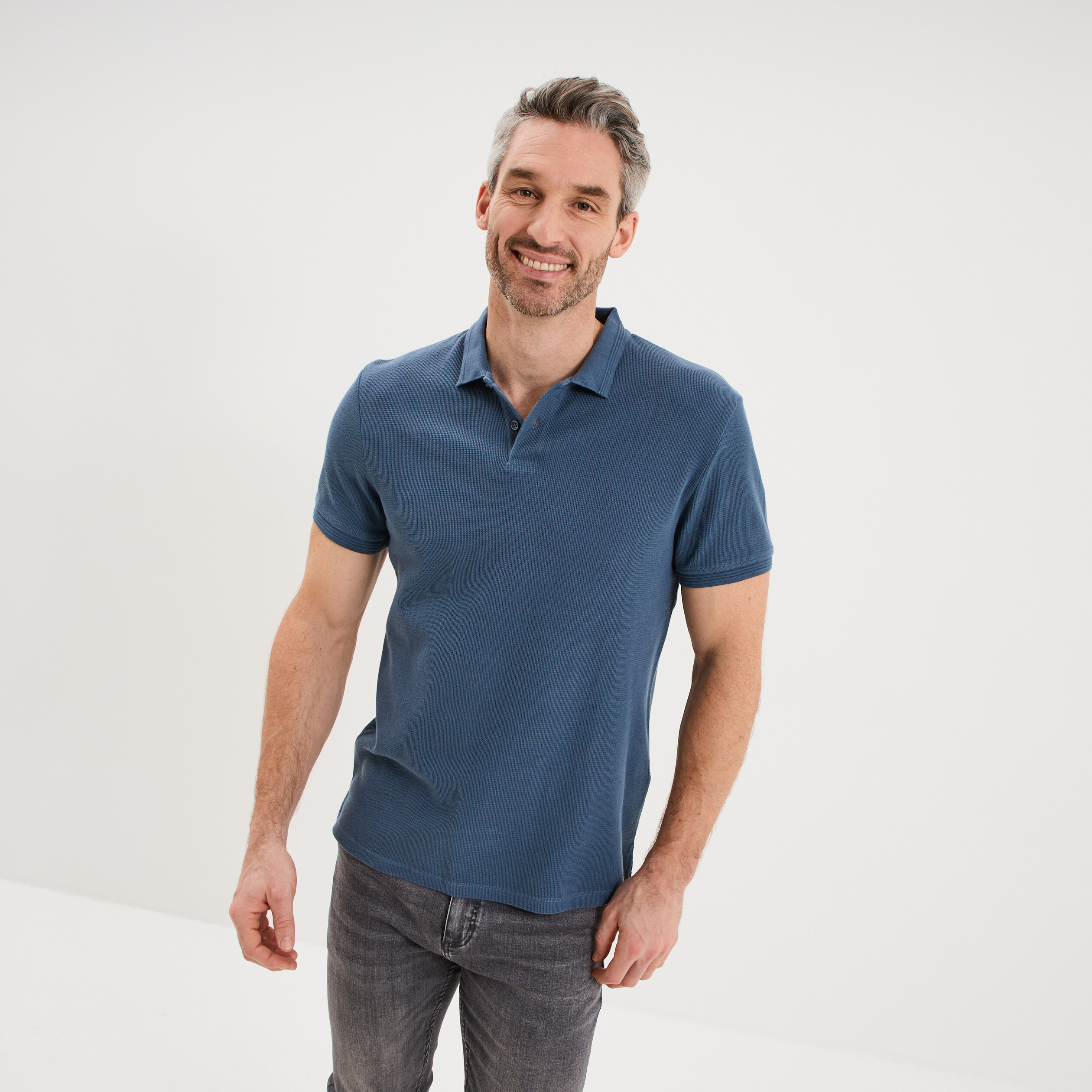 Polo textur&eacute; manches courtes coton bleu gris homme