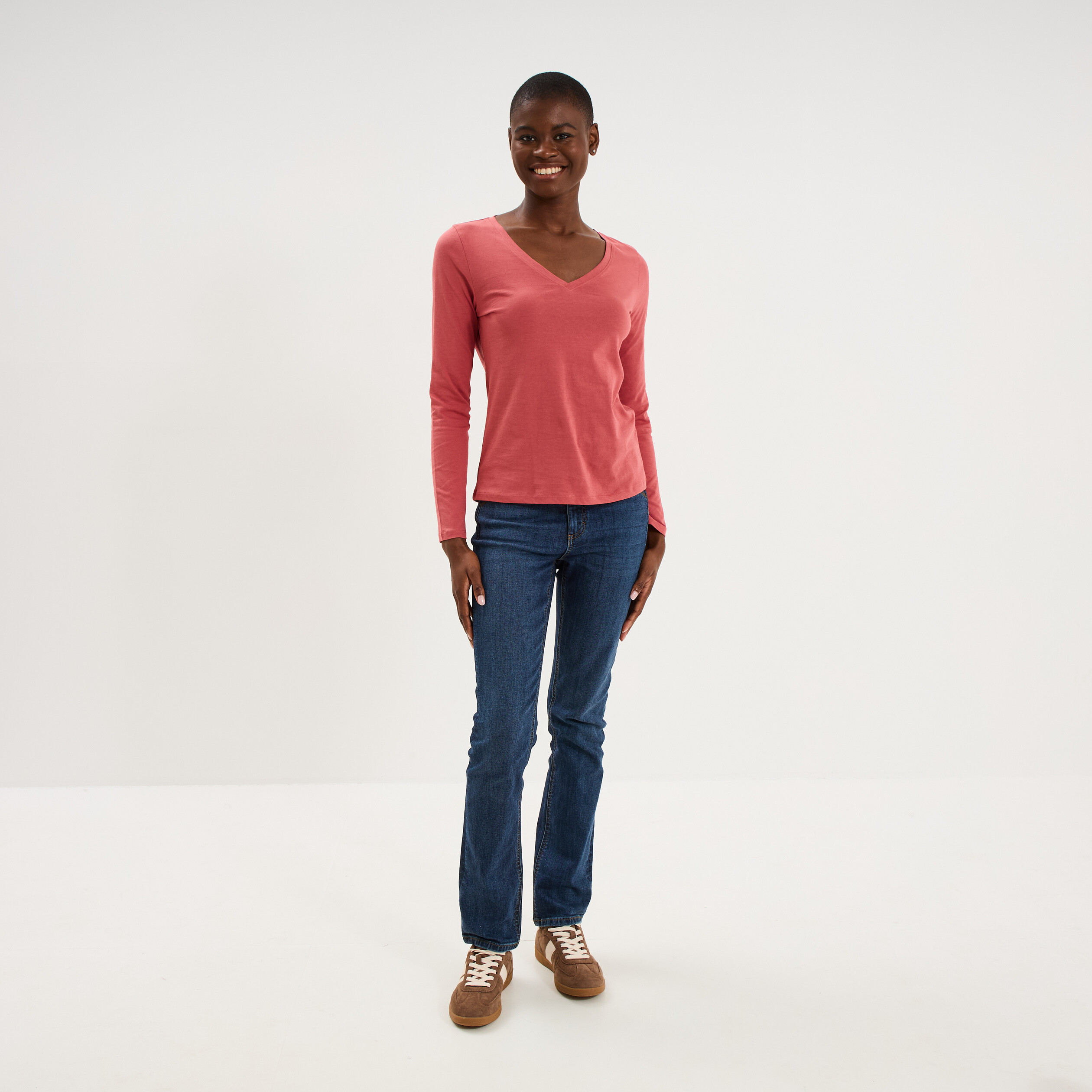 T-shirt col en V manches longues coton vieux rose femme
