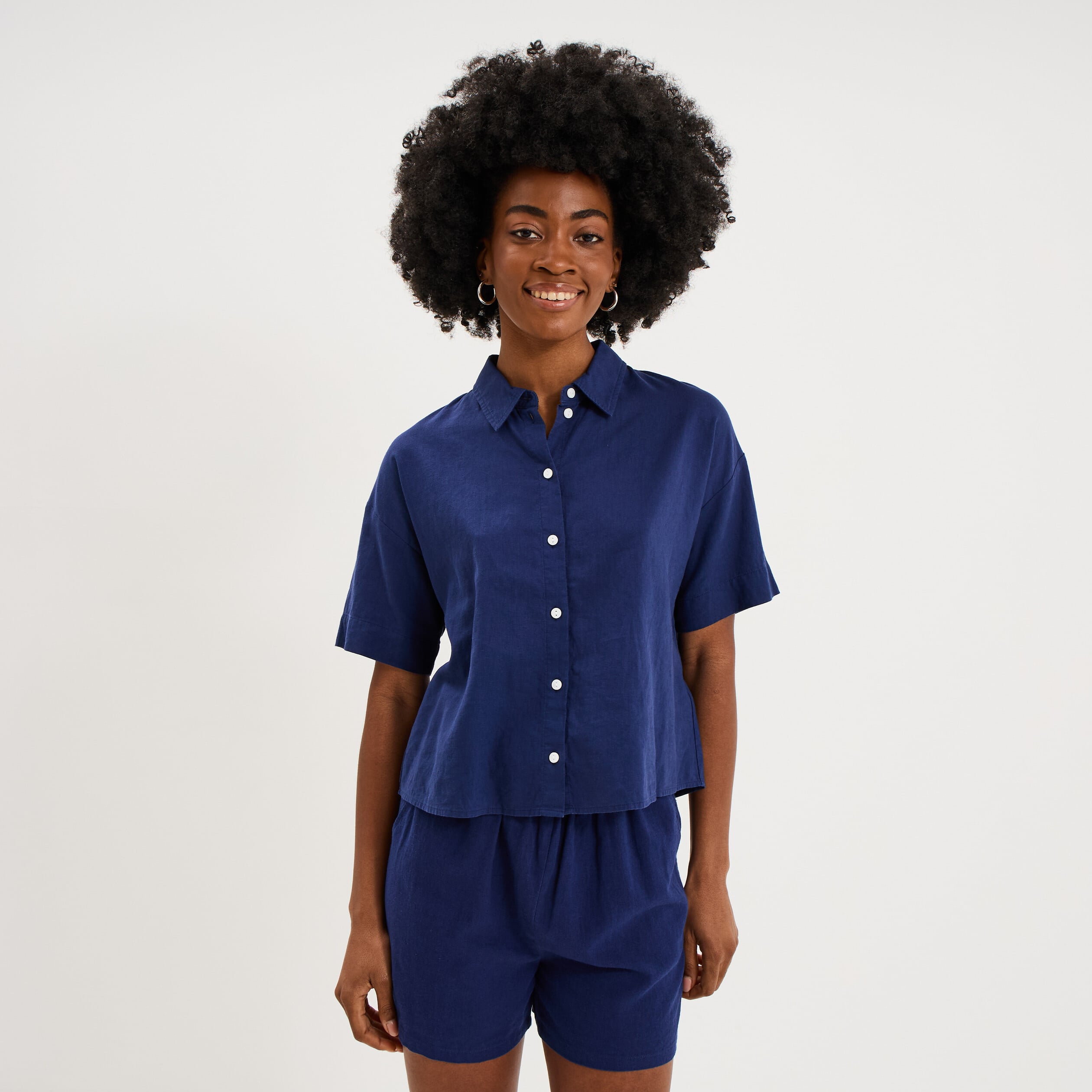 Chemise manches courtes lin m&eacute;lang&eacute; bleu fonc&eacute; femme