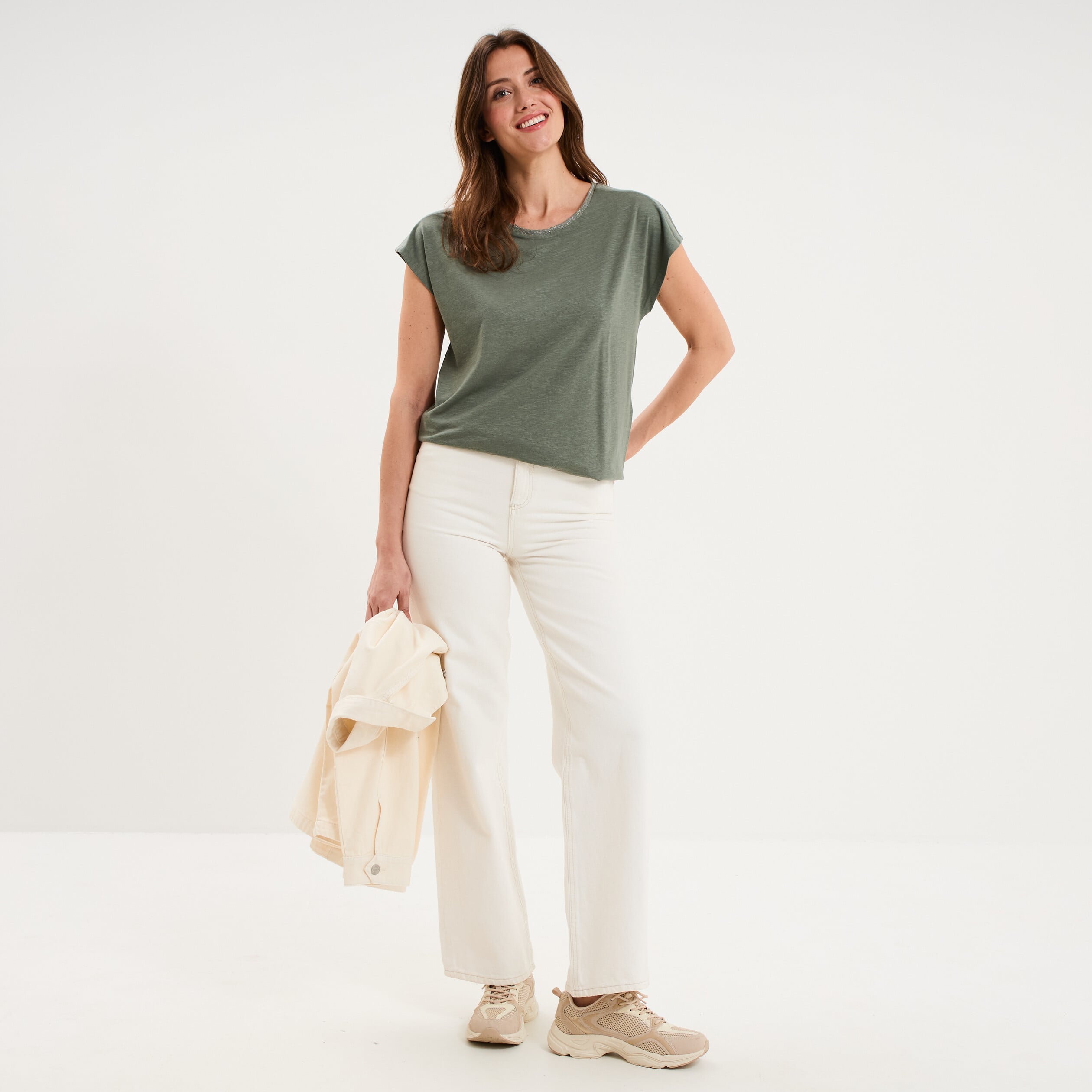 T-shirt col rond manches courtes vert kaki femme
