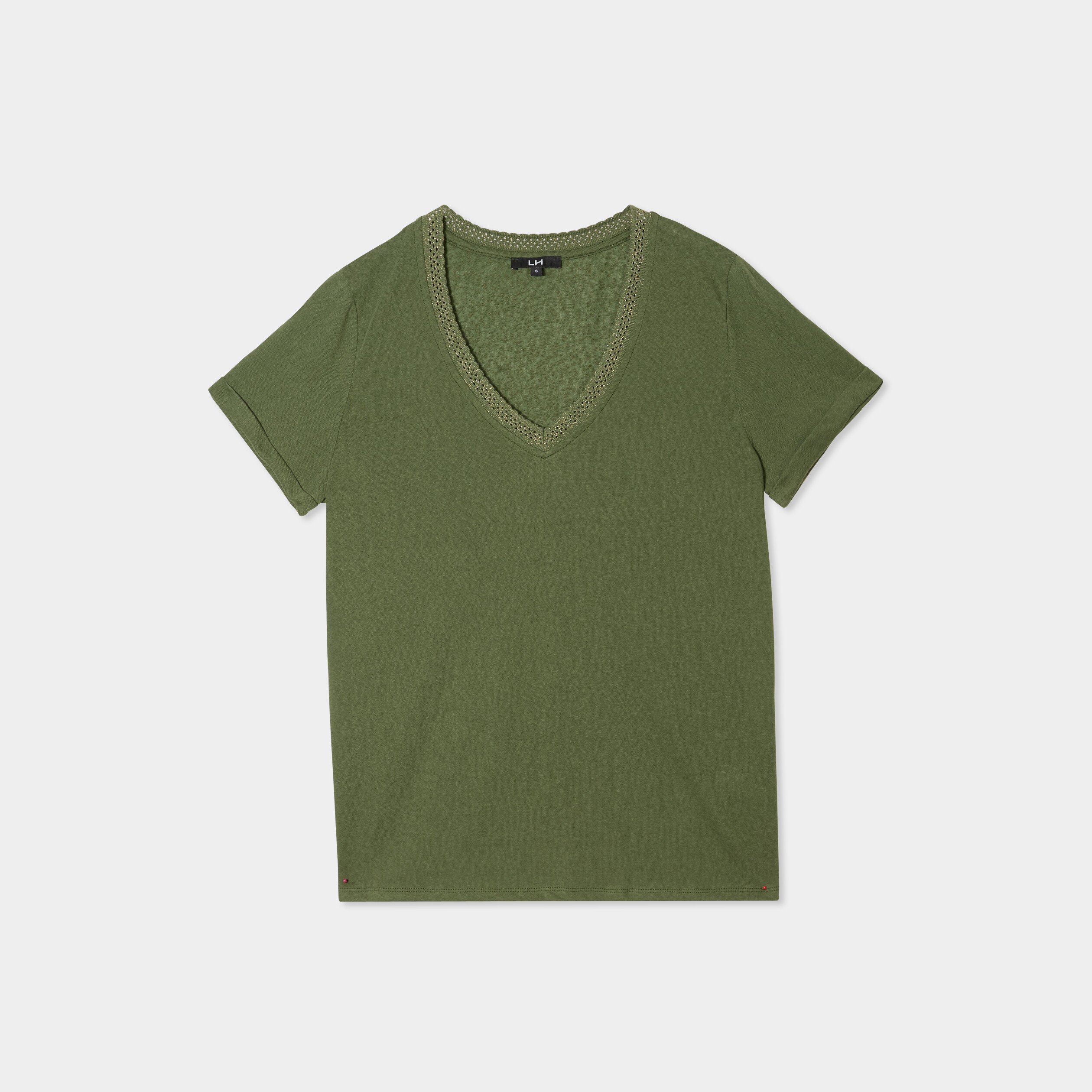 t shirt col en v manches courtes vert kaki femme T-shirt col en V manches courtes vert kaki femme
