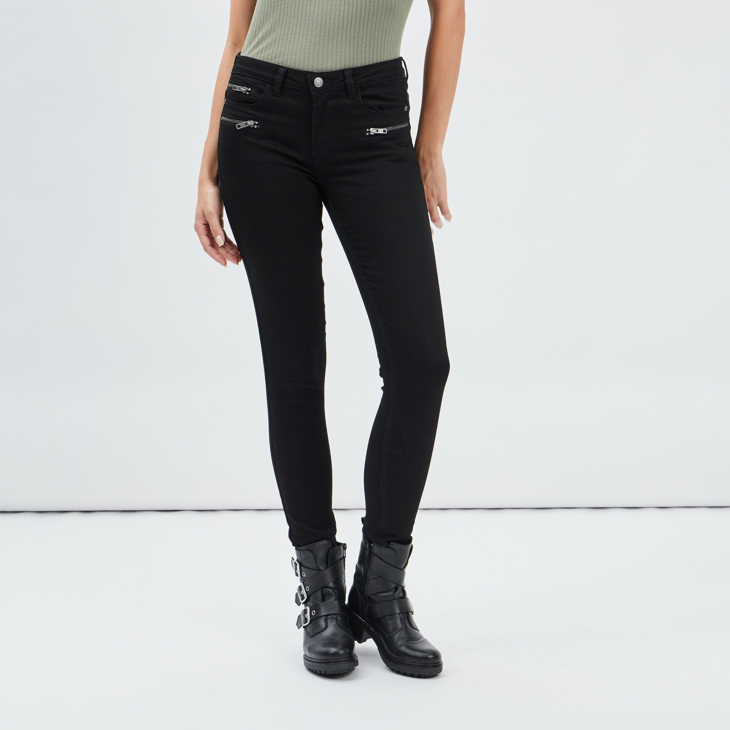 Pantalon skinny détails zippés noir femme