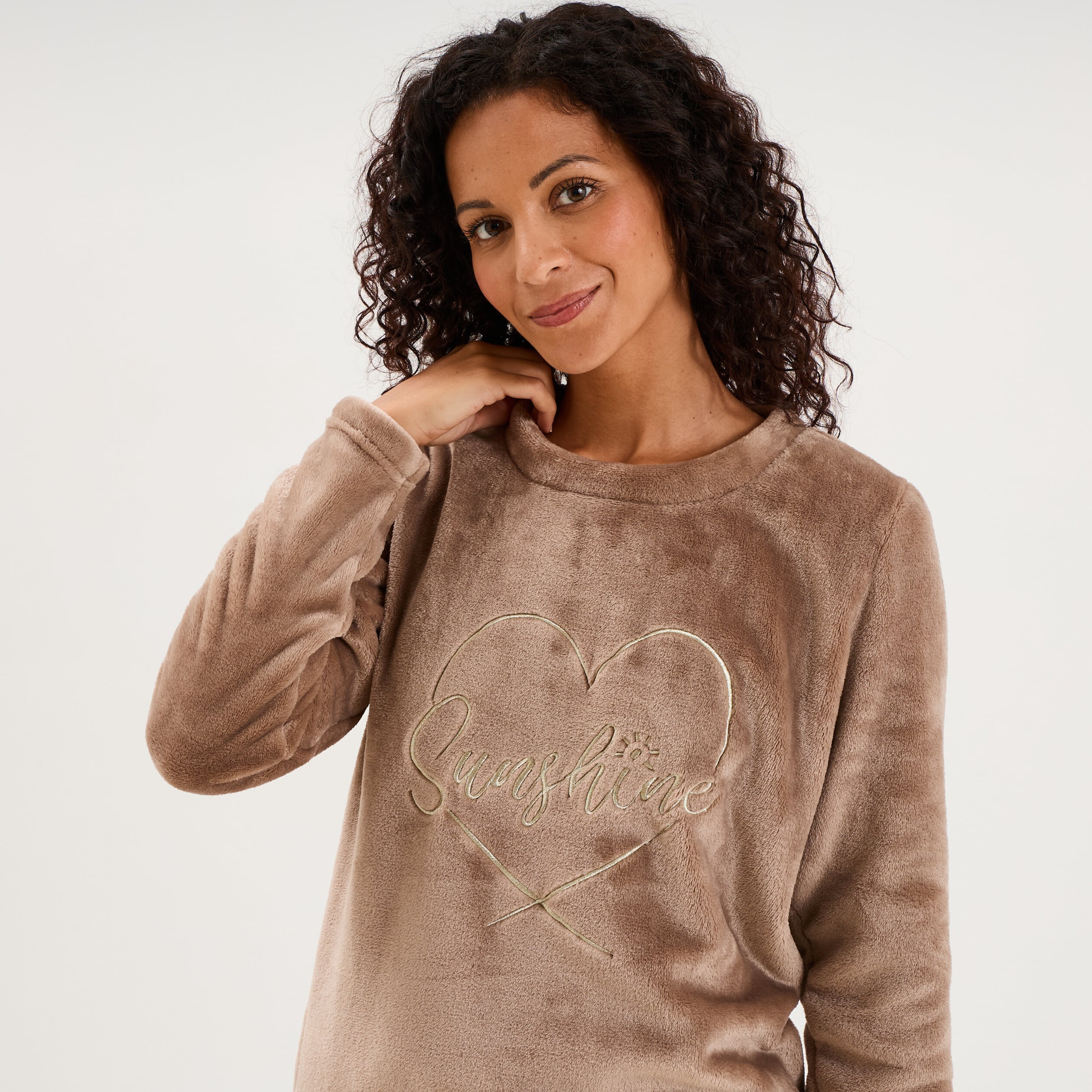 Ensemble pyjama effet polaire 3 pi&egrave;ces beige femme