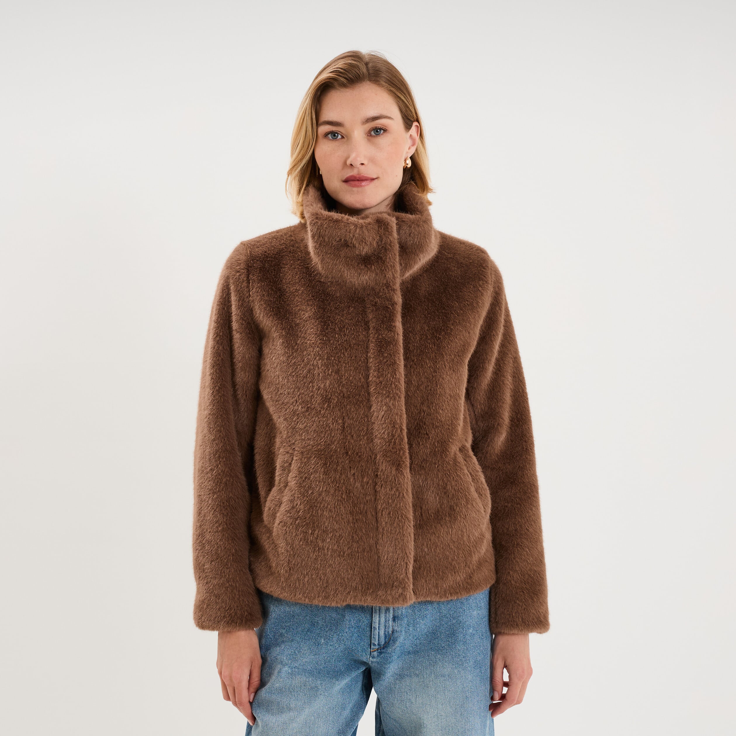 Veste fausse fourrure col montant taupe femme