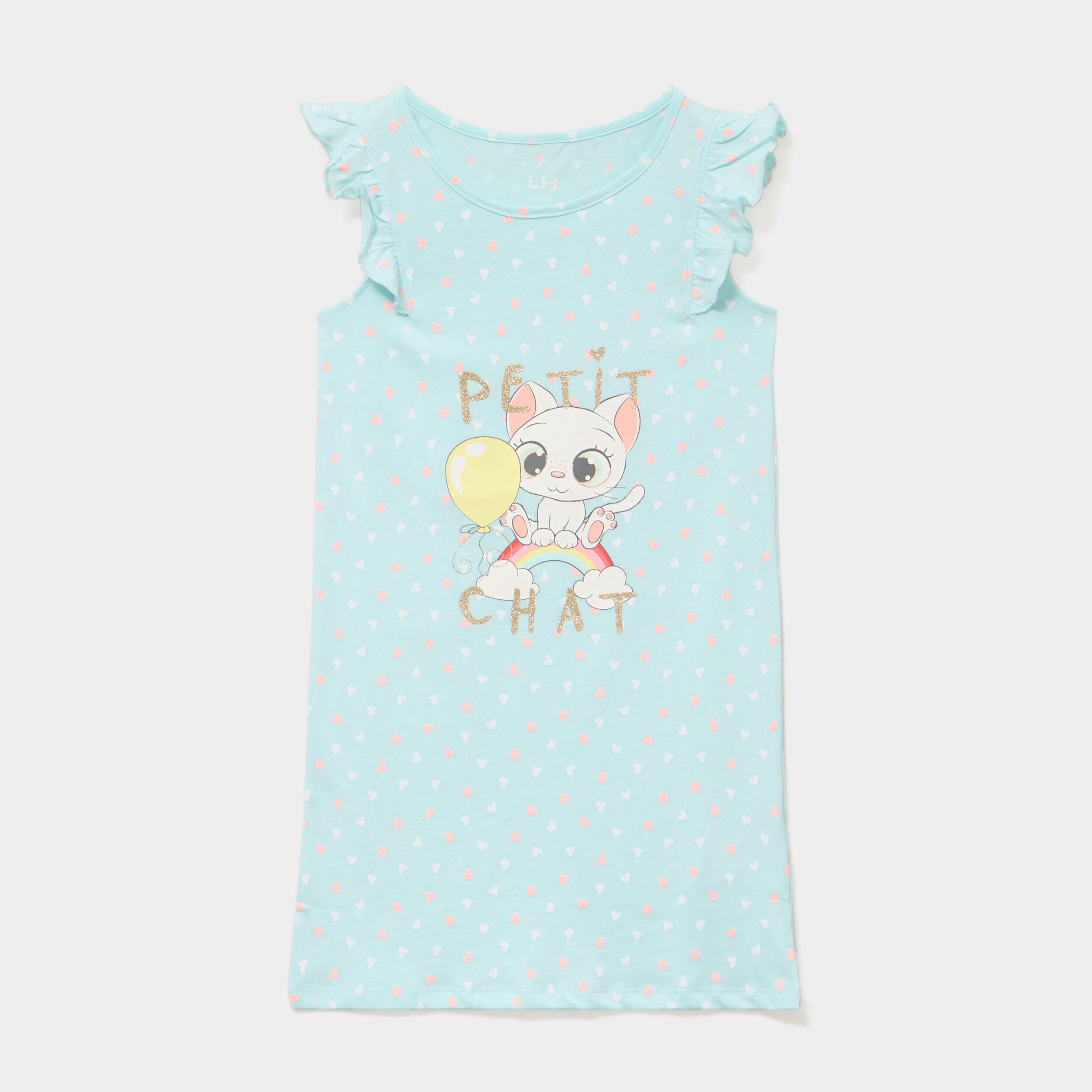 Chemise de nuit manches &agrave; volants coton vert fille