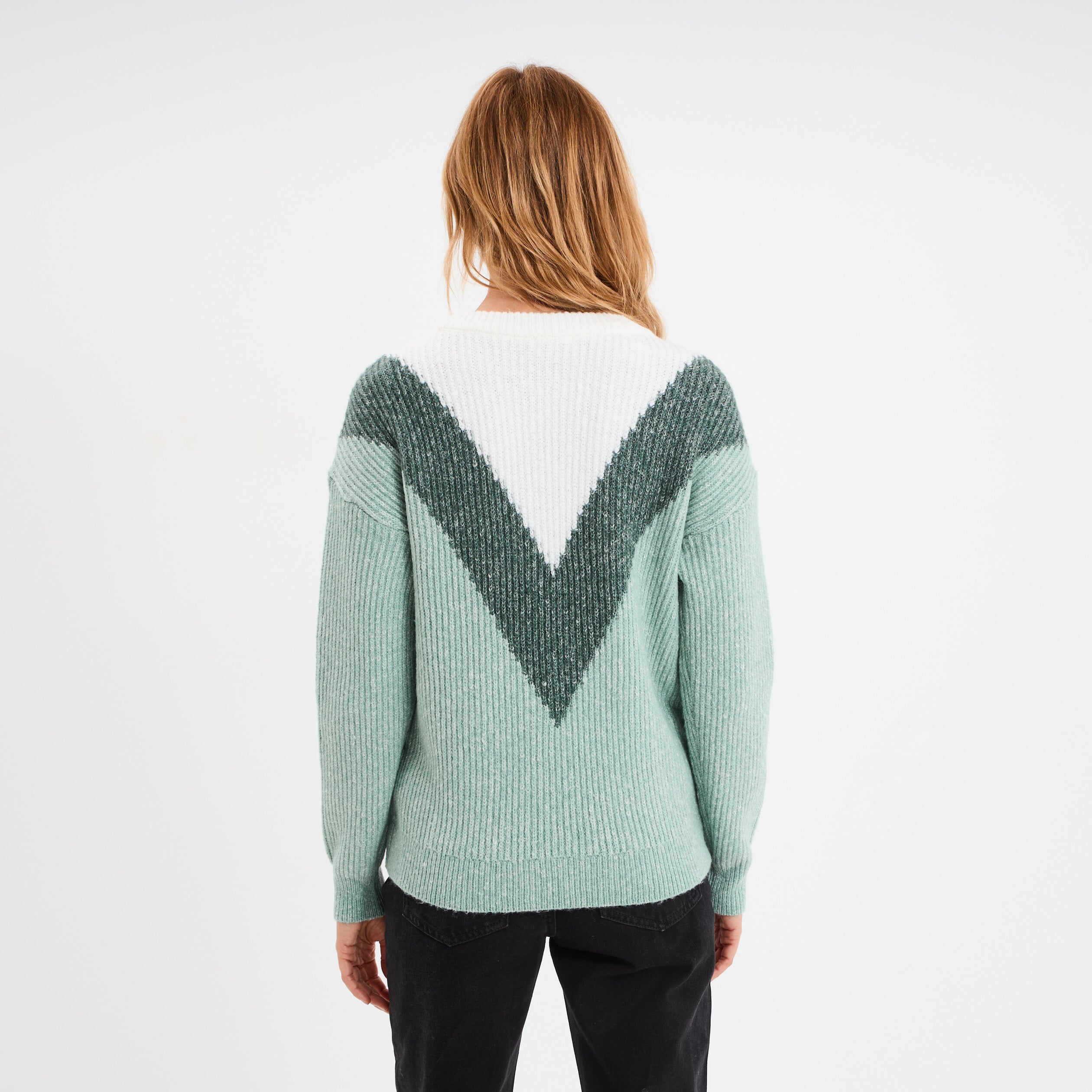 Pull manches longues col rond vert femme