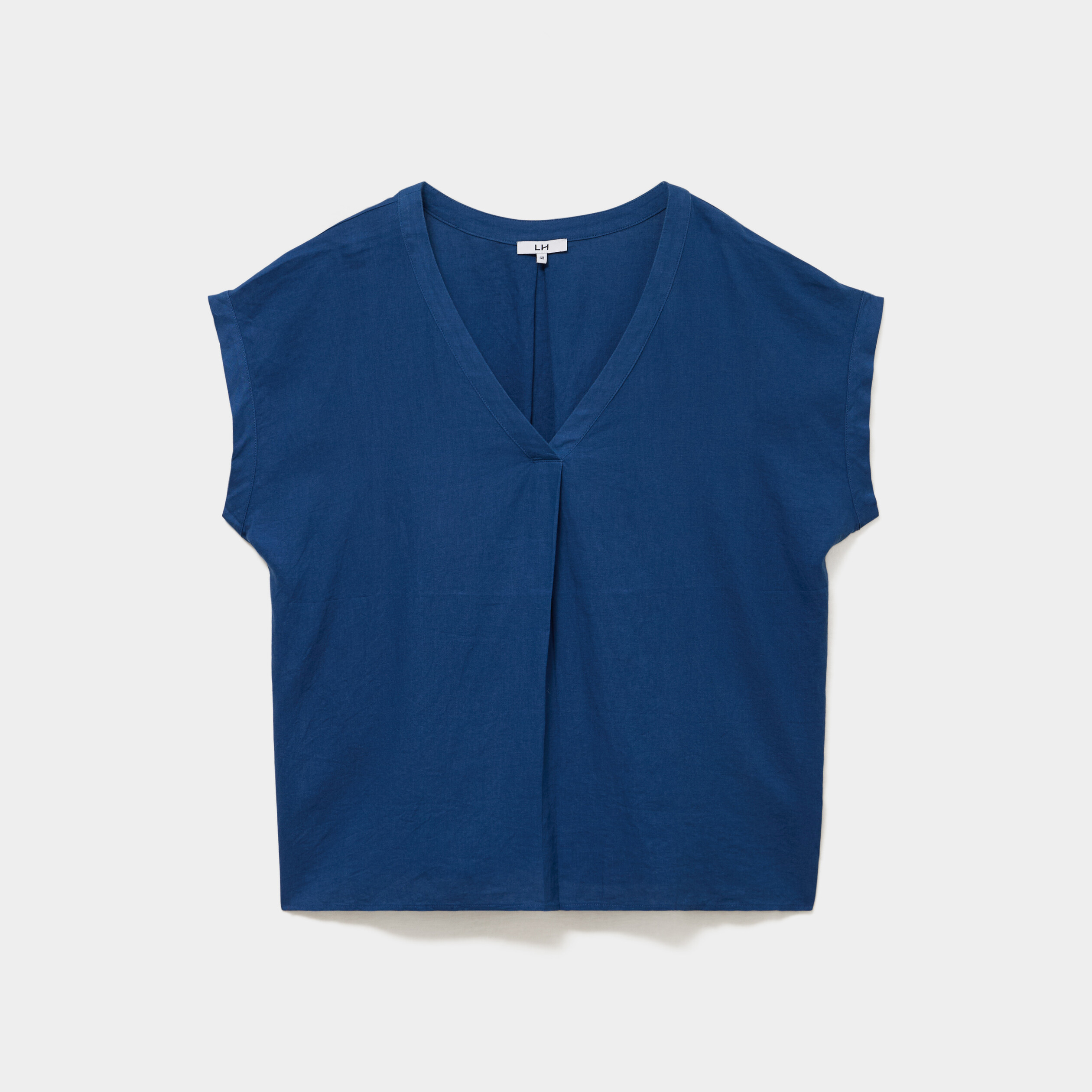 Blouse col V manches courtes m&eacute;lange lin bleu marine femme grande taille