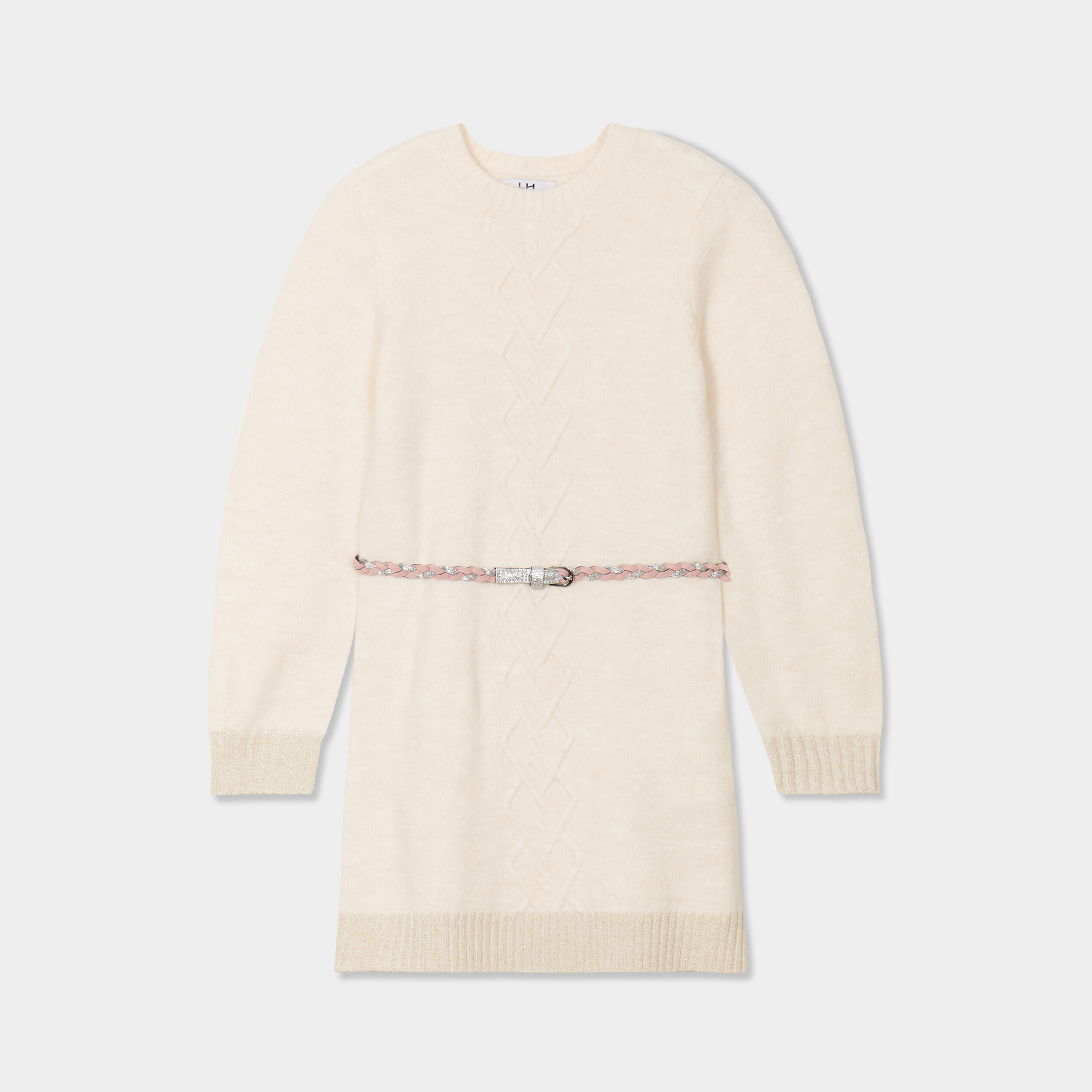 robe pull courte avec ceinture tressee ivoire fille Robe pull courte avec ceinture tressée ivoire fille