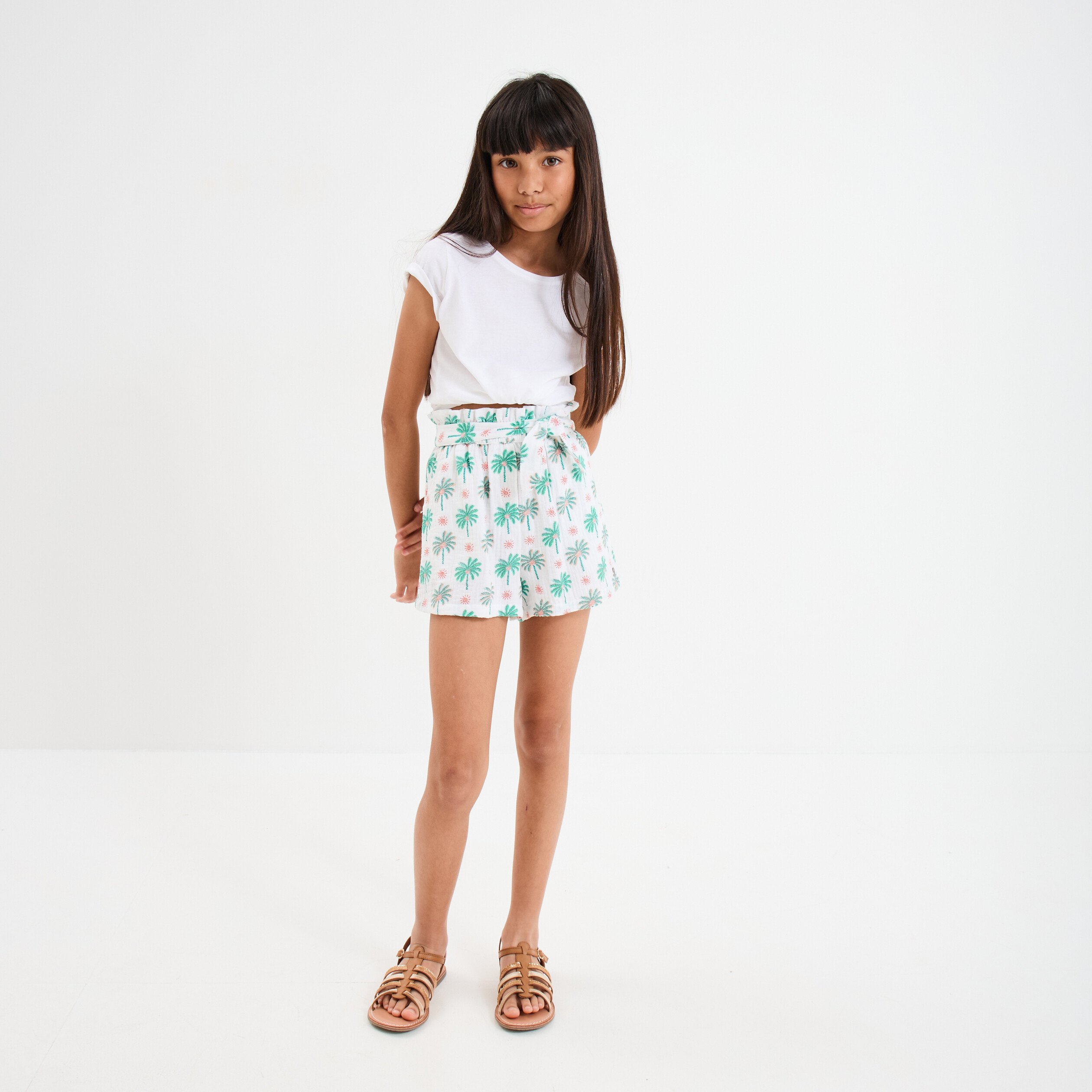 short droit avec noeud gaze de coton ecru fille Short droit avec noeud gaze de coton ecru fille