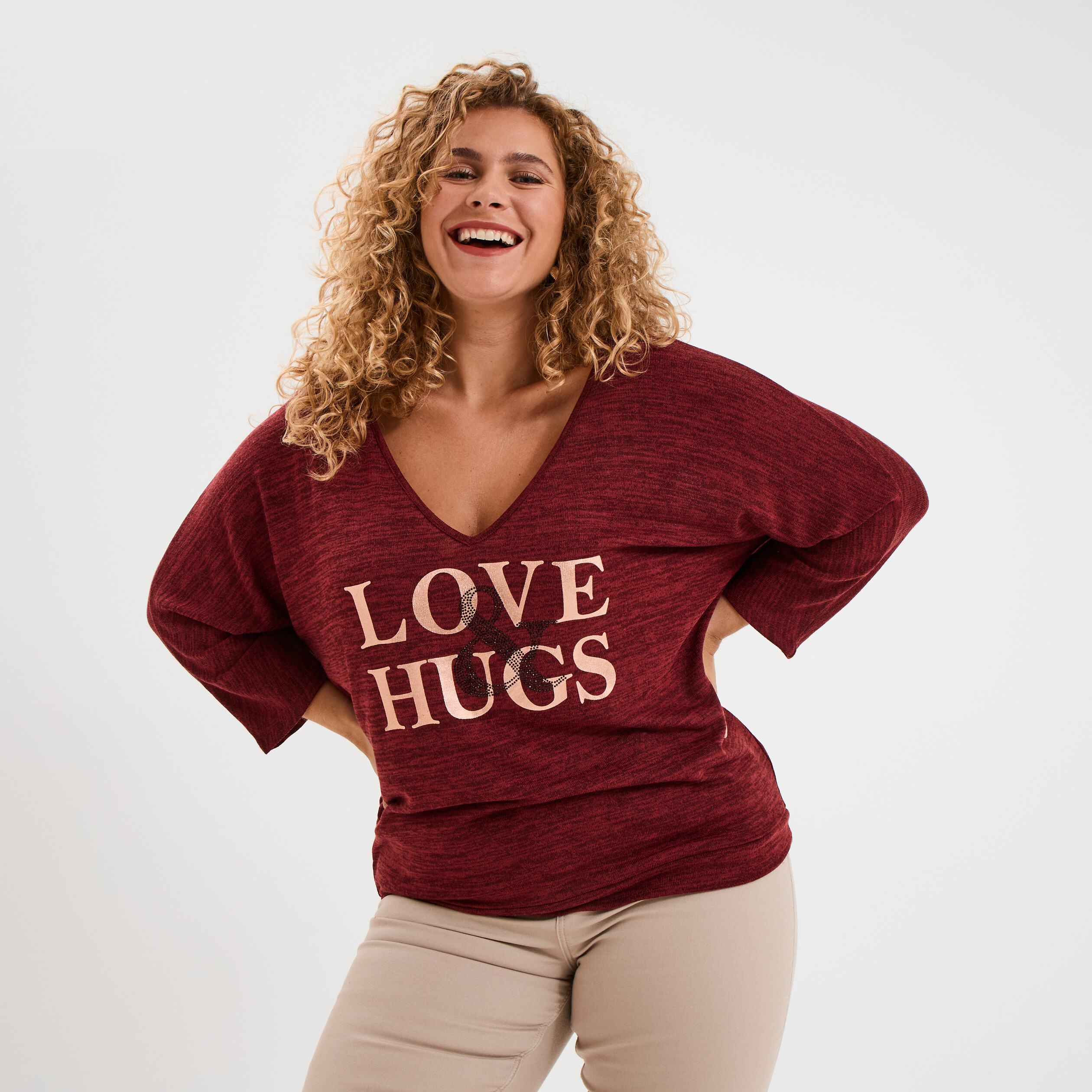 pull manches 34 chauve souris col v bordeaux femmegt Pull manches 3/4 chauve-souris col V bordeaux femme grande taille