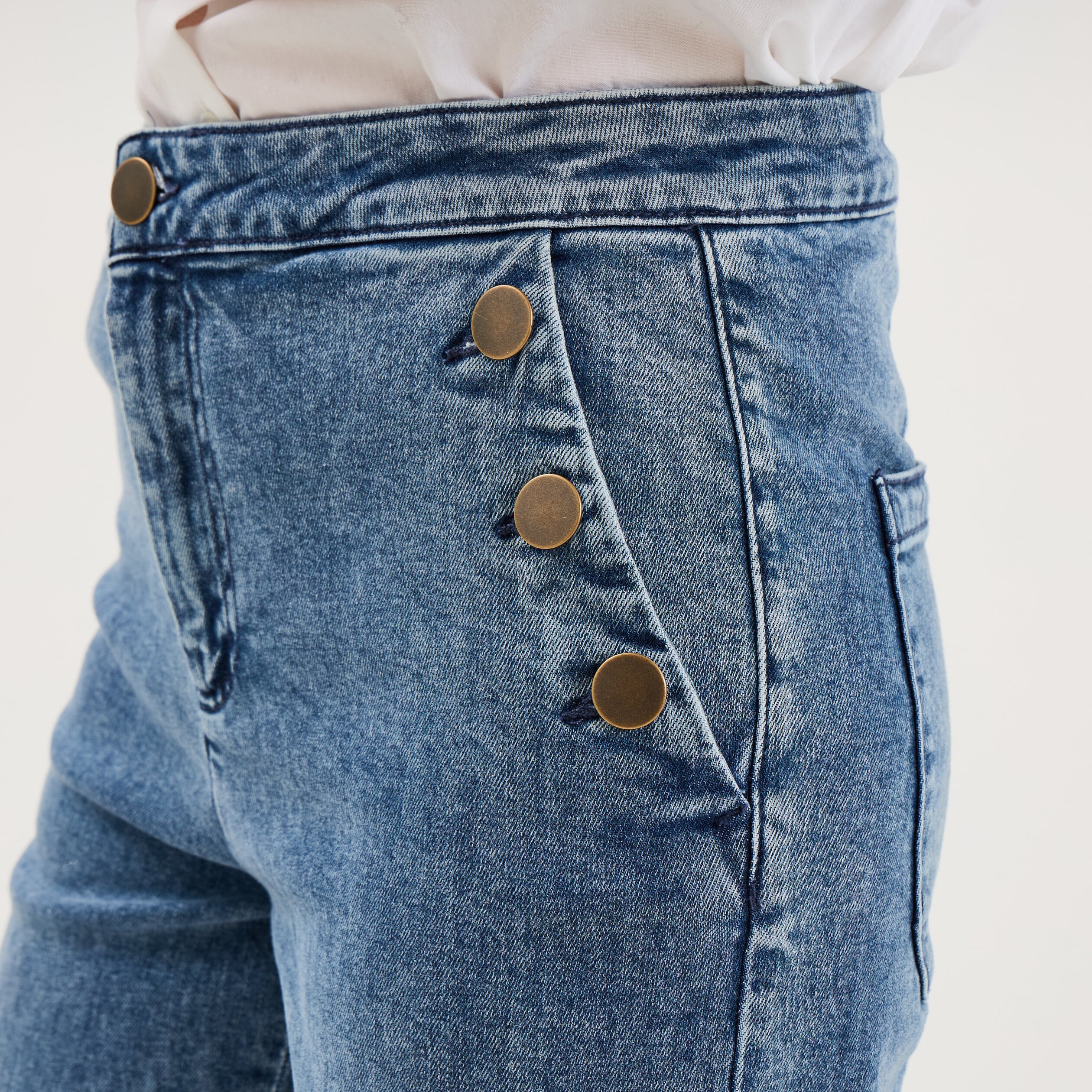 Jean large cropped boutons taille haute denim triple stone femme