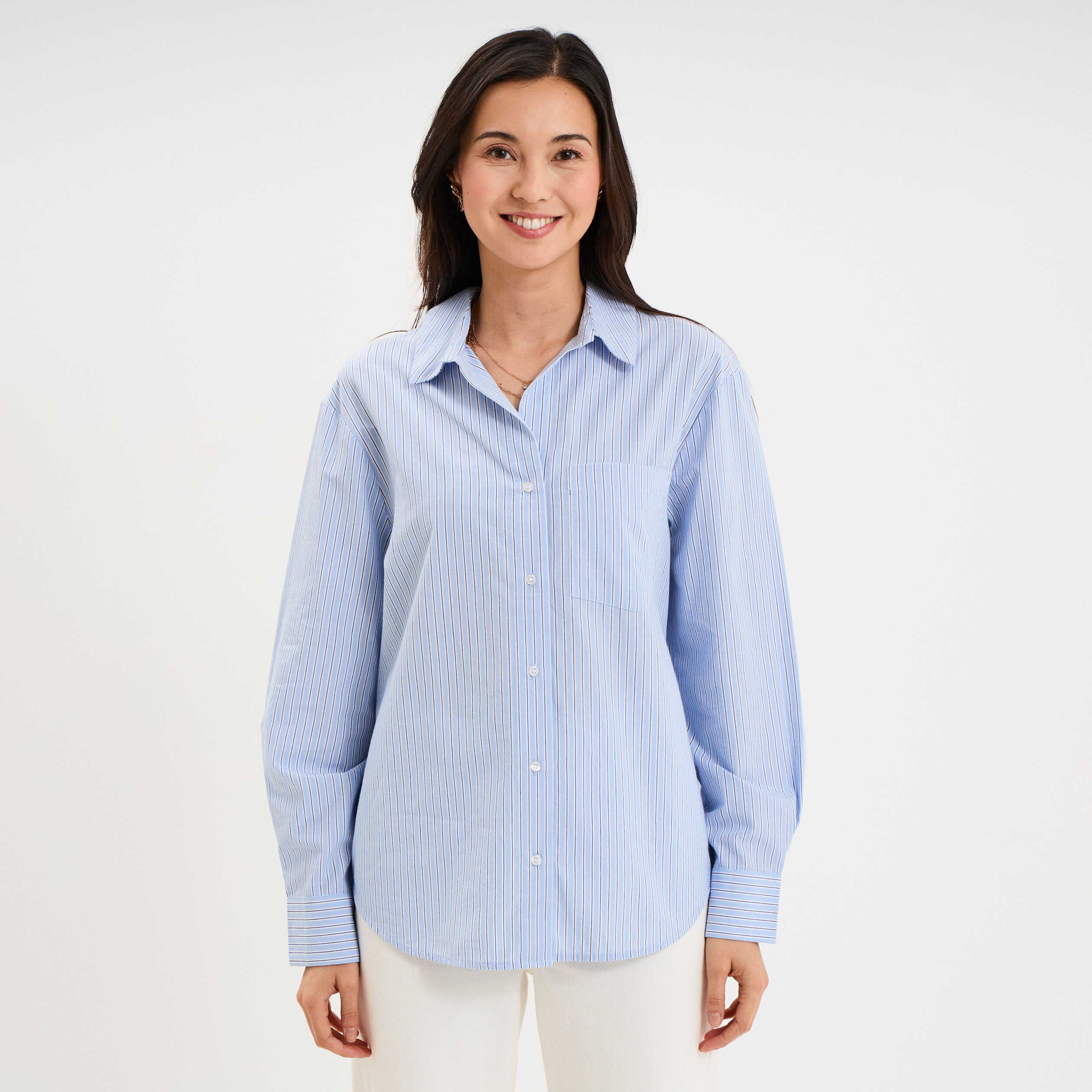 Chemise oversize 1 poche coton bleu ciel femme