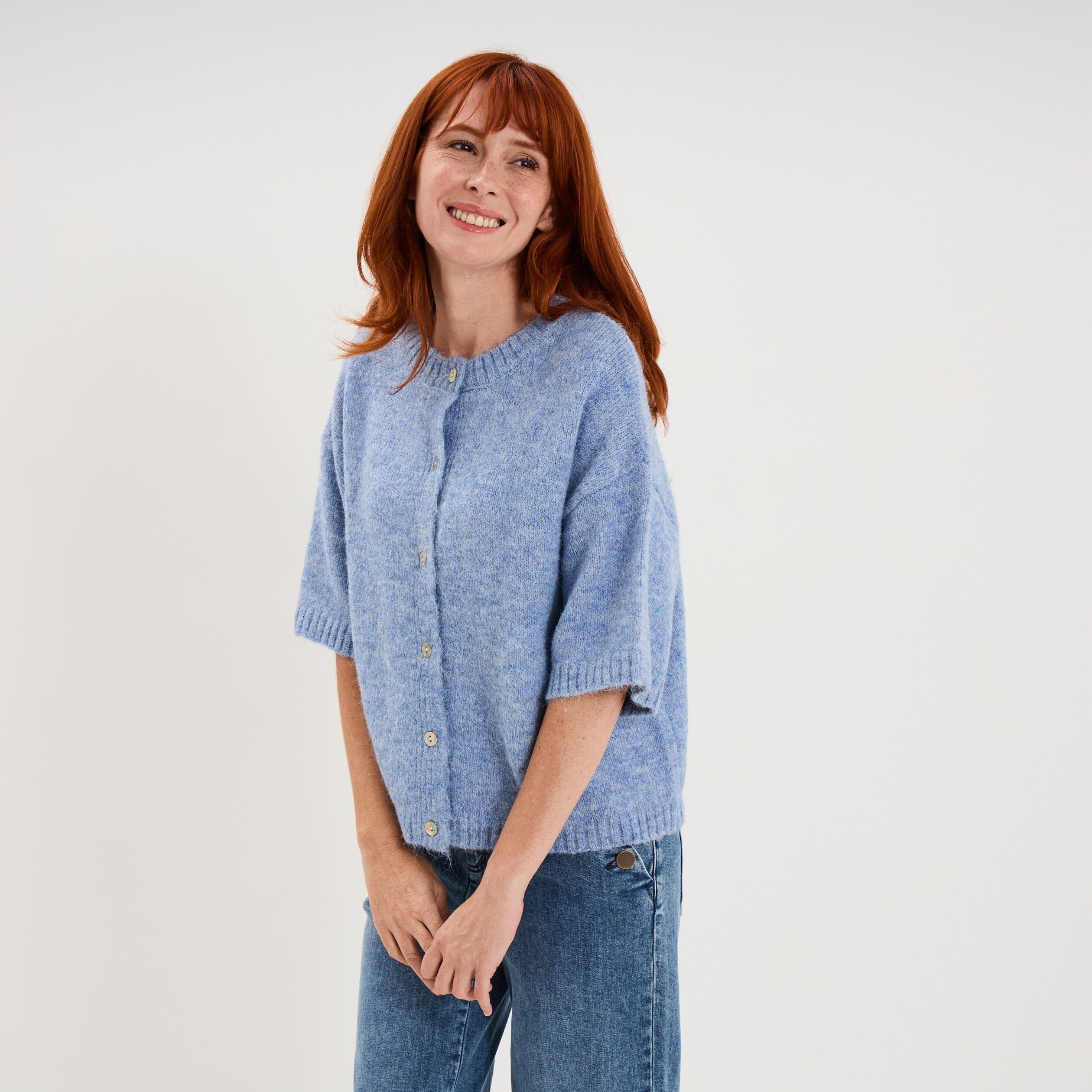 Gilet boutonn&eacute; manches courtes col rond bleu ciel femme