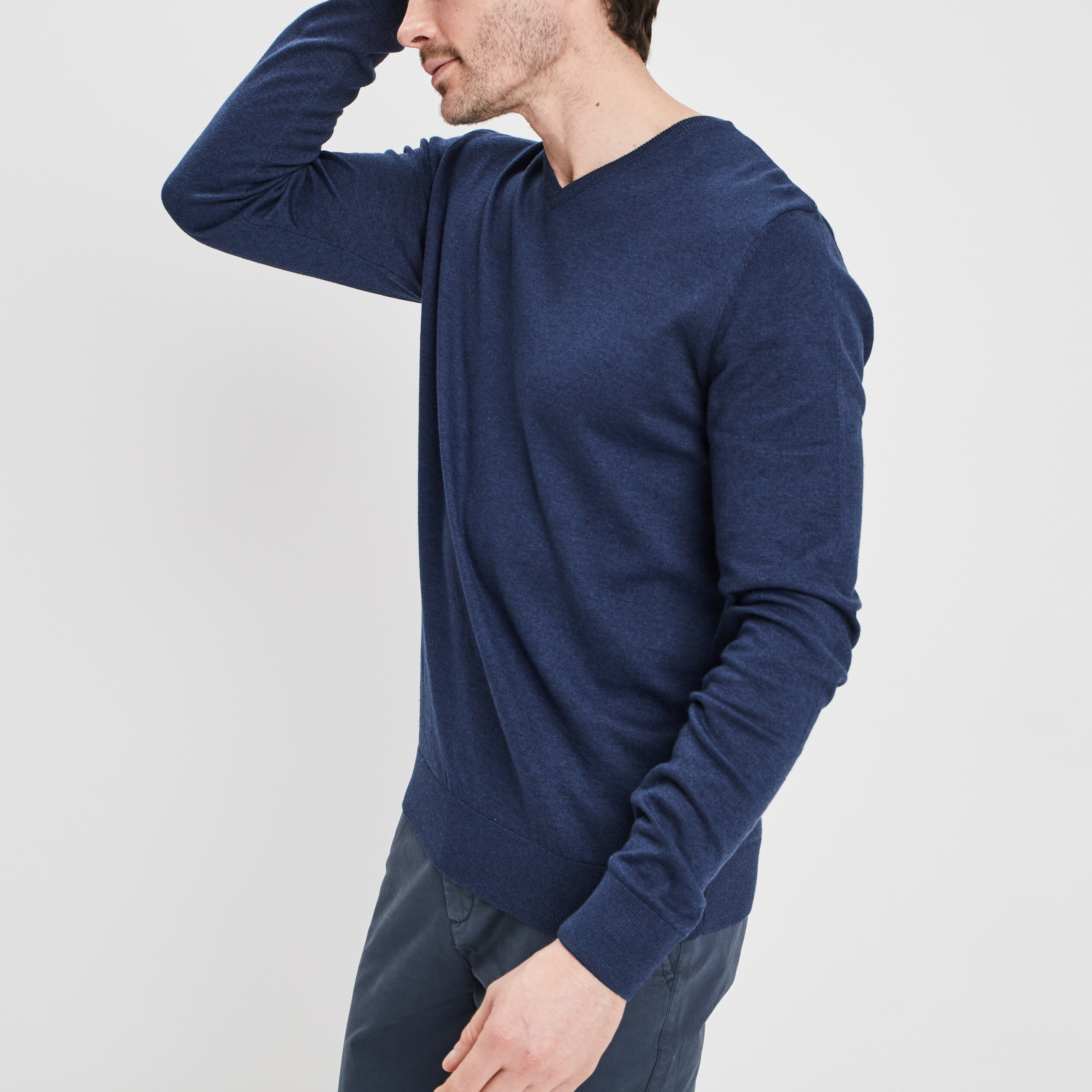 Pull jersey avec col en V bleu marine homme