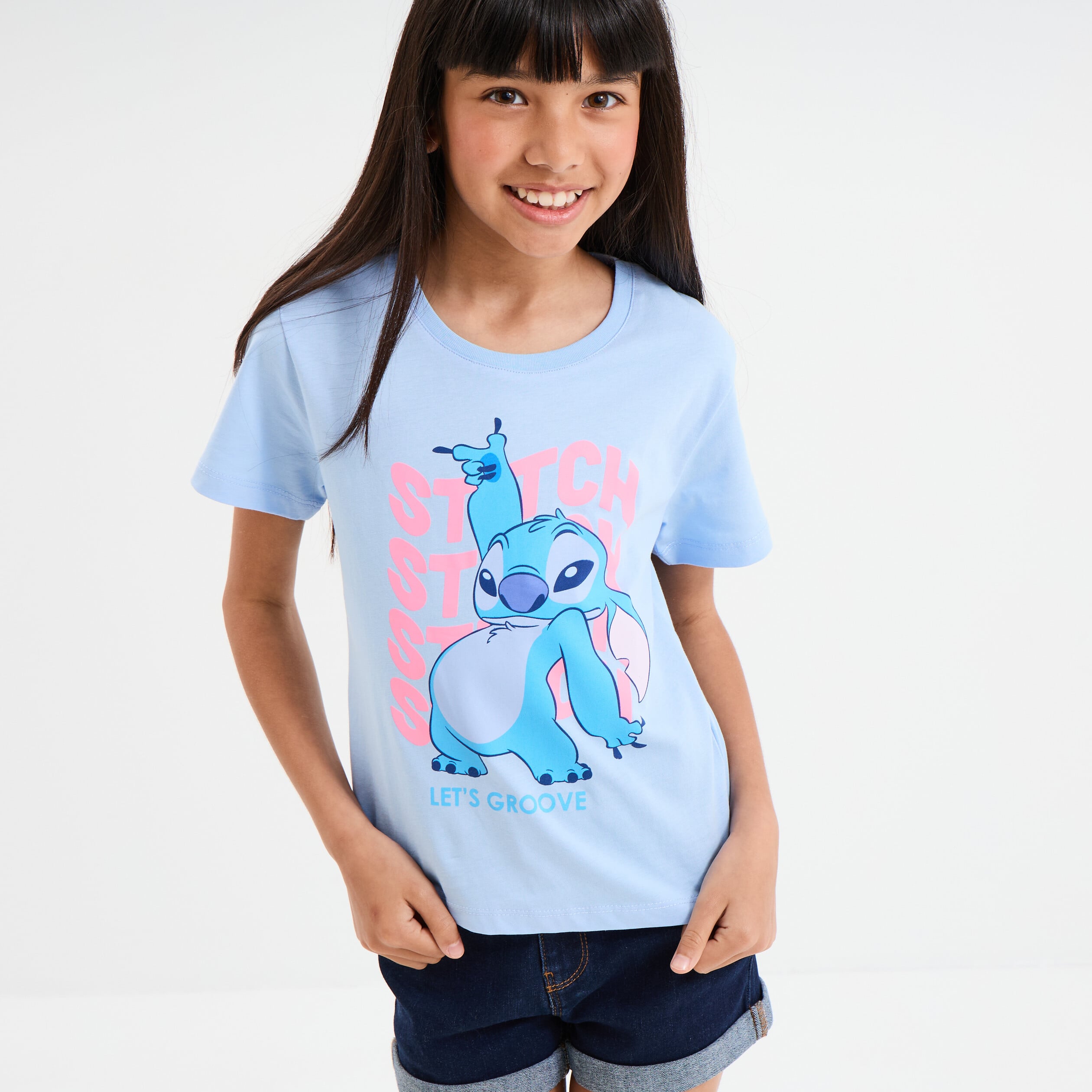 T-shirt manches courtes coton Stitch bleu fille