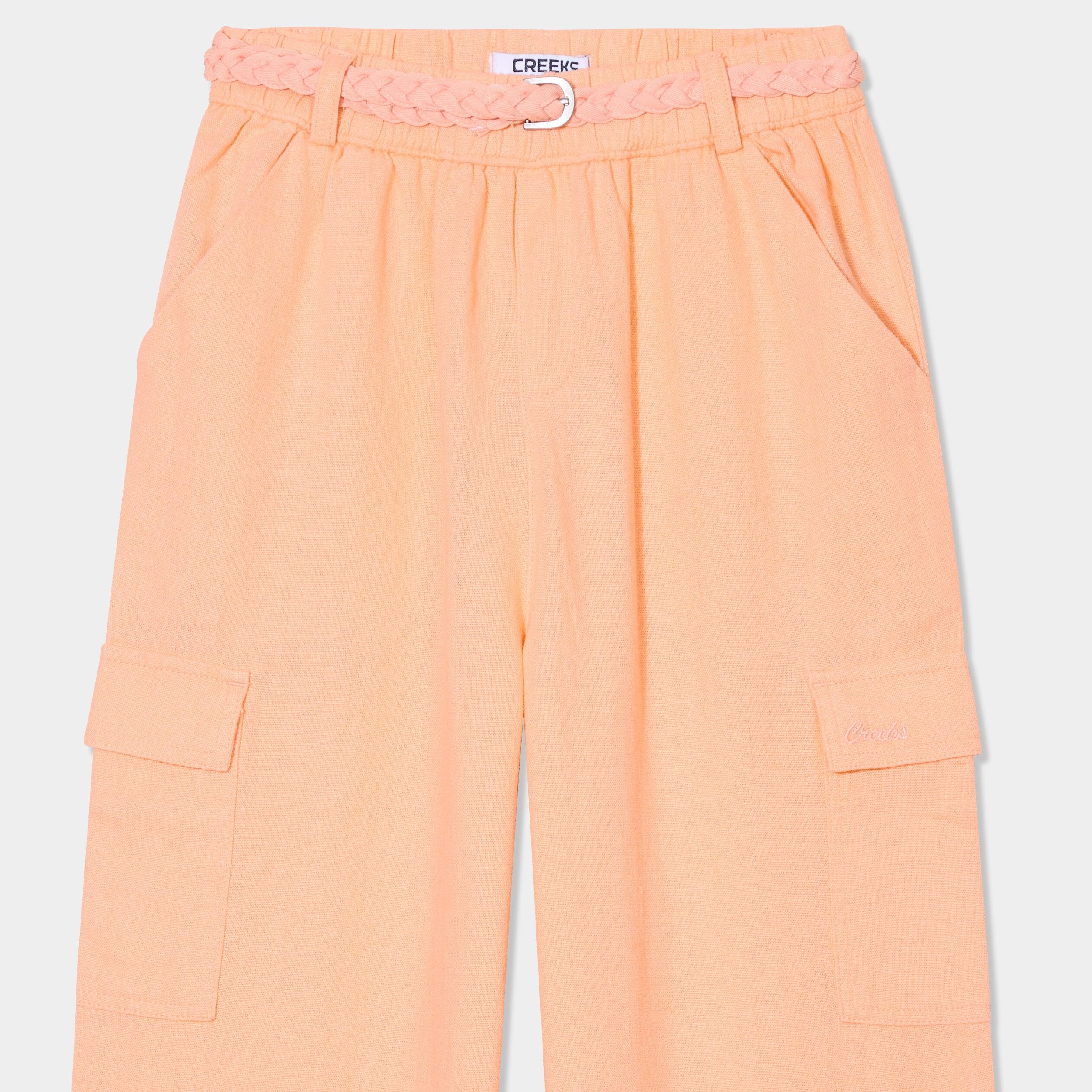 pantalon large lin melange ceinture rose saumon fille Pantalon large lin mélangé ceinturé rose saumon fille
