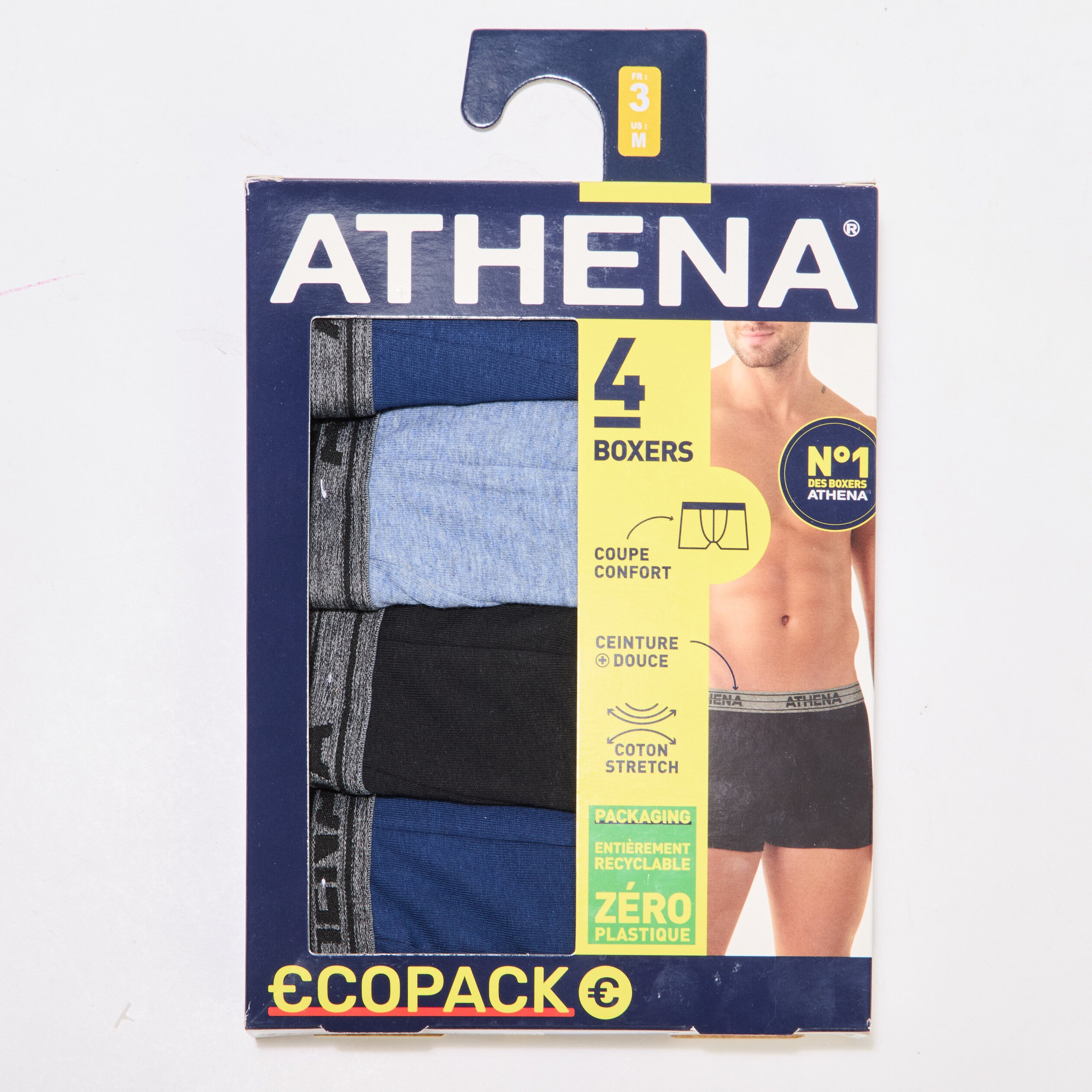 lot 4 boxers coton stretch athena bleu homme Lot 4 boxers coton stretch Athena bleu homme
