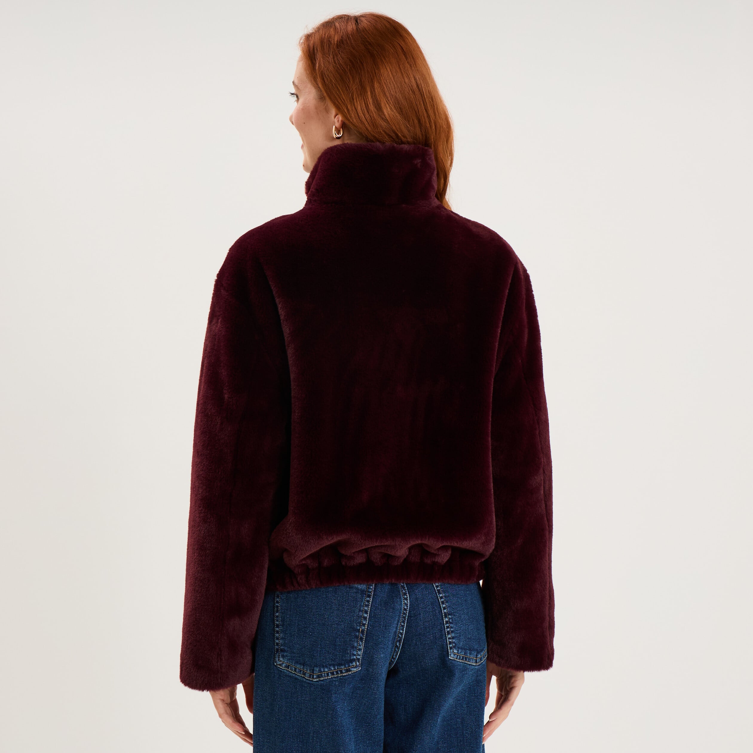 Veste fausse fourrure col montant bordeaux femme