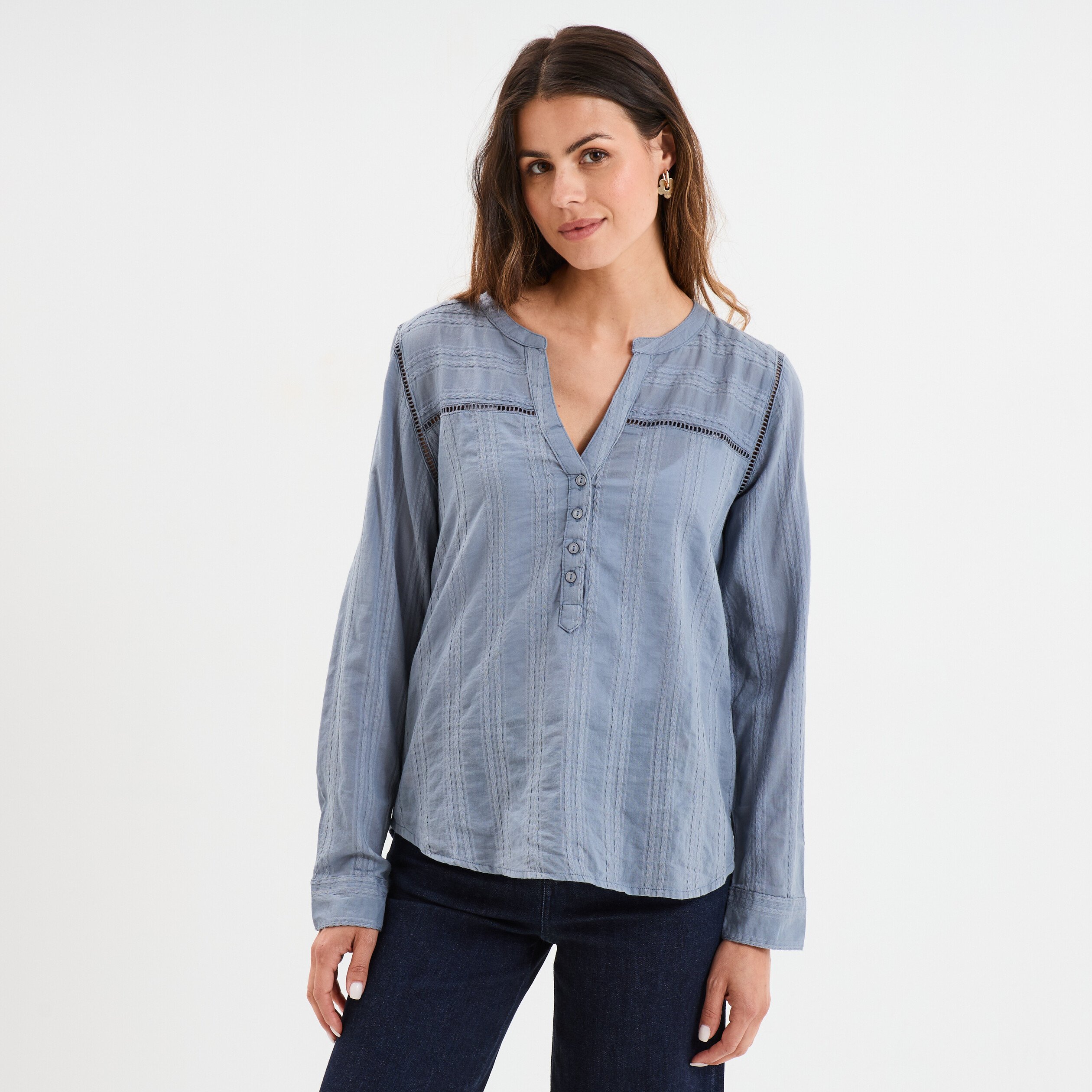blouse droite col mao coton bleu gris femme Blouse droite col mao coton bleu gris femme