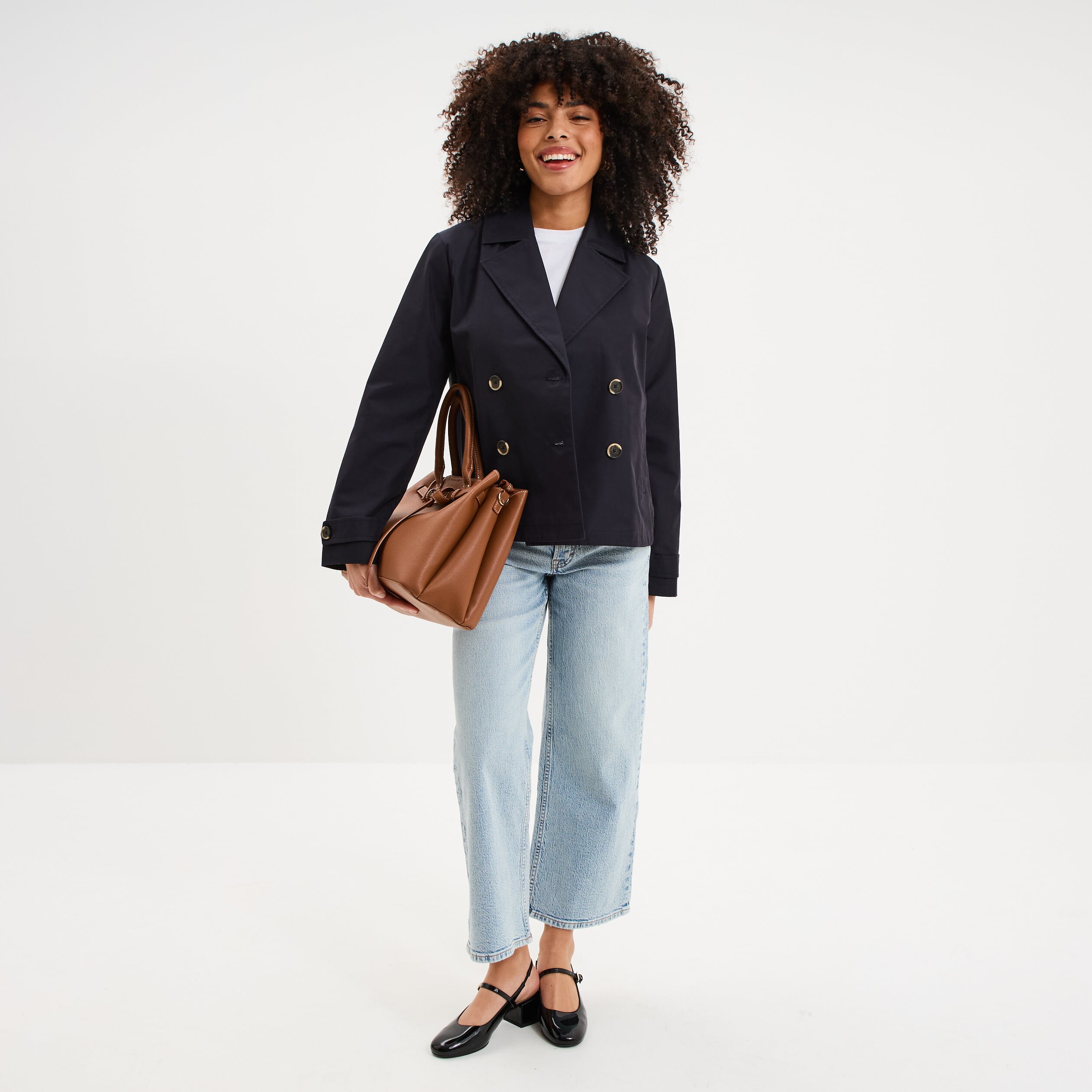 Trench court double boutonnage bleu fonc&eacute; femme