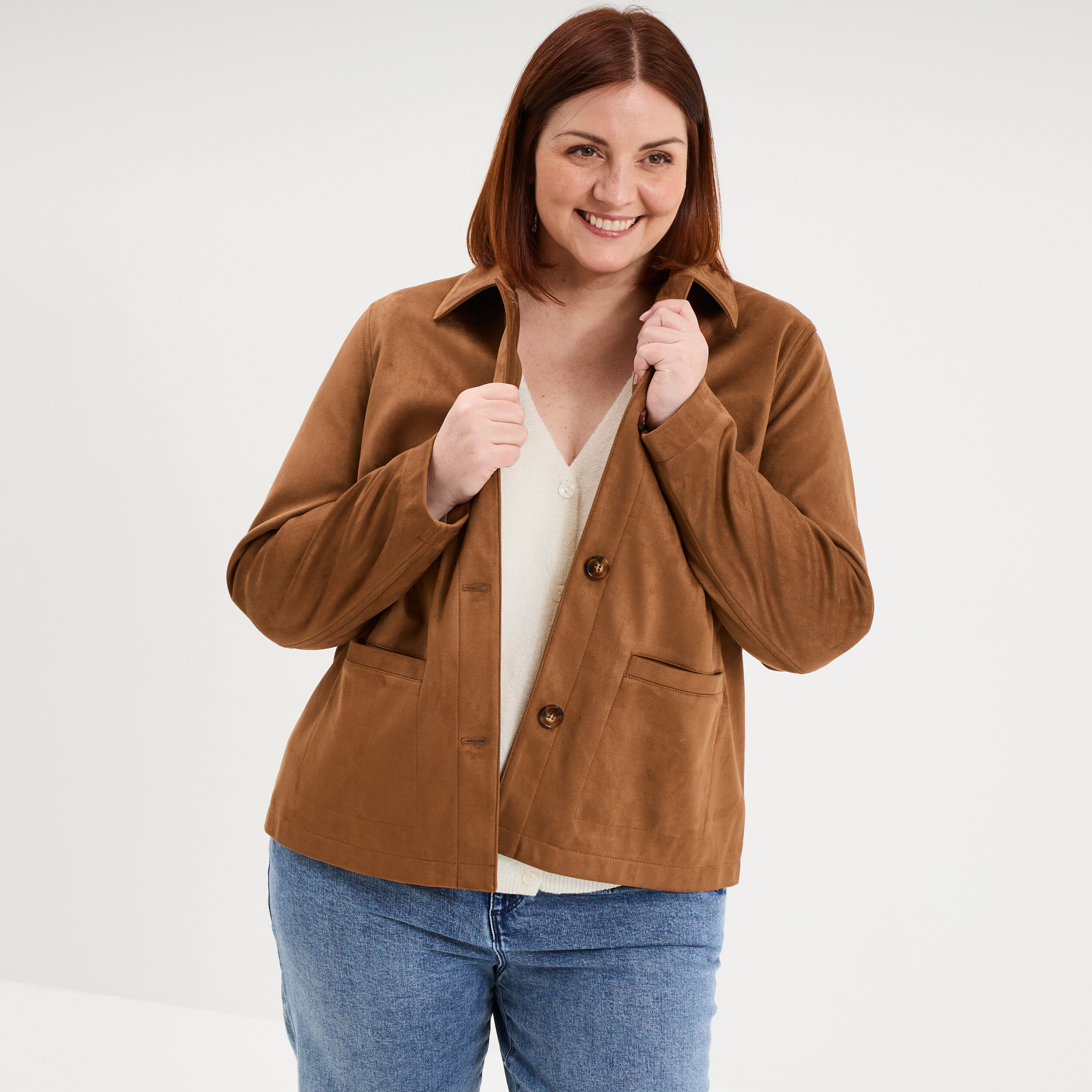 Veste effet su&eacute;dine boutonn&eacute;e marron femme grande taille