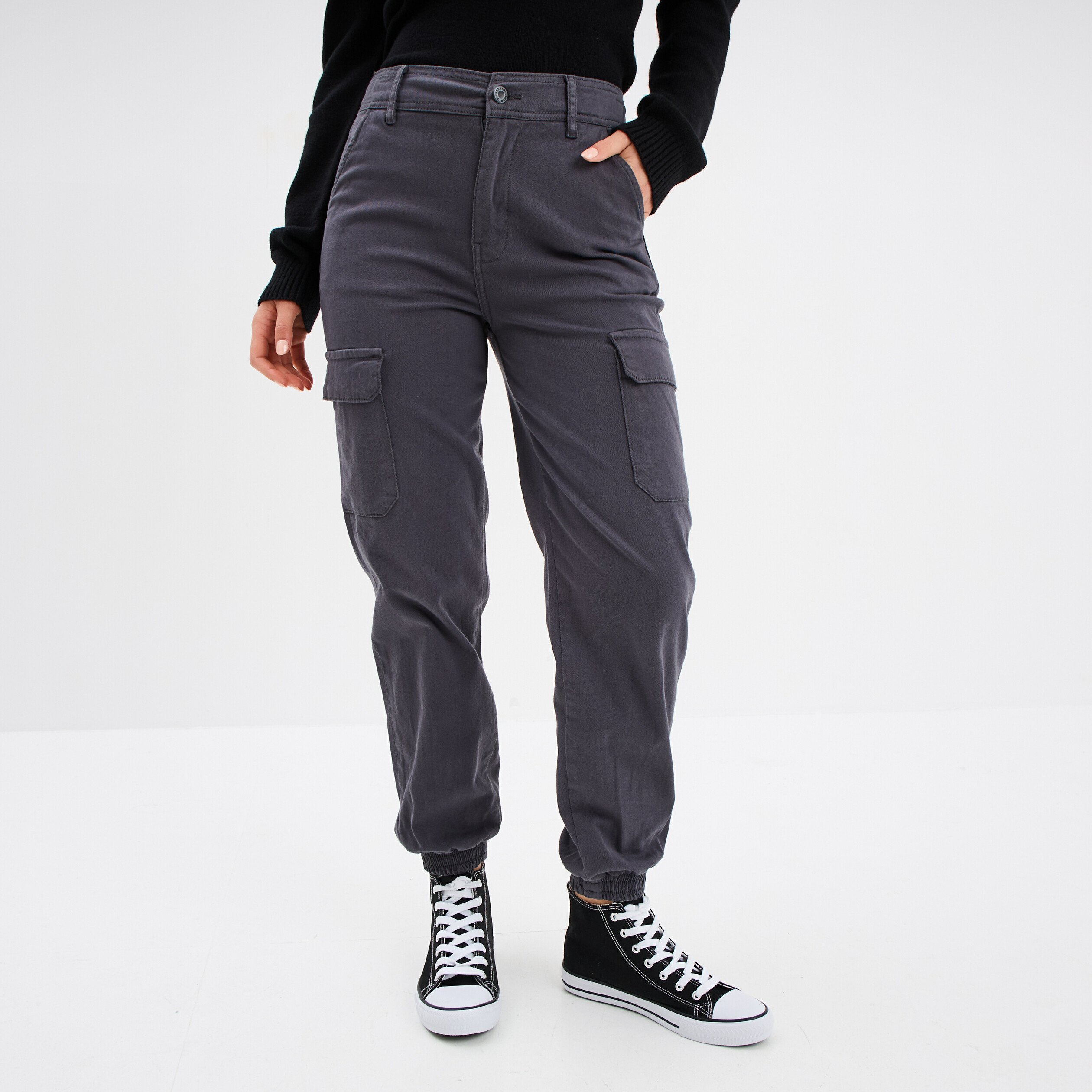 Pantalon cargo taille haute ajustable gris foncé femme
