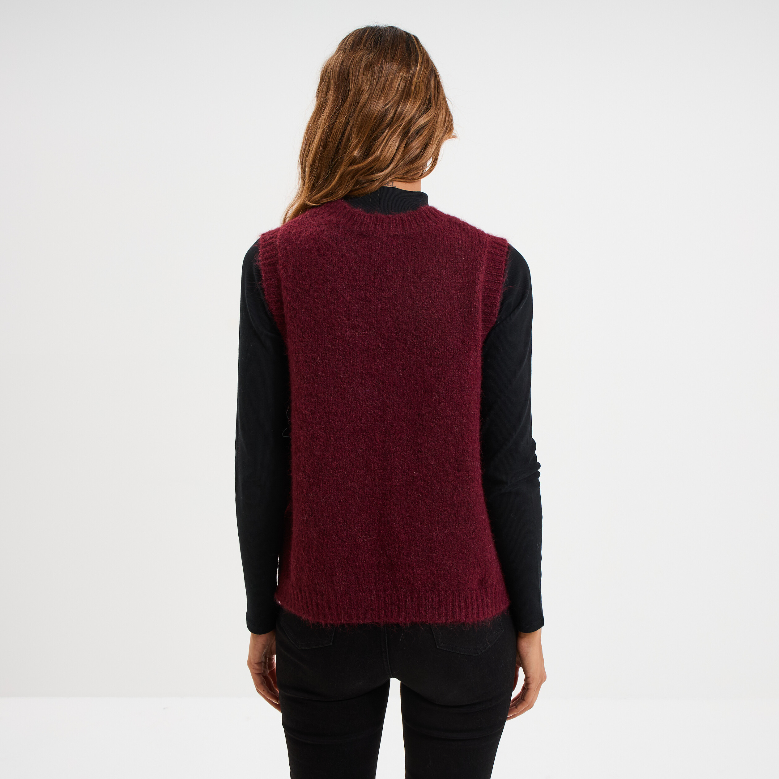 Pull sans manches col rond bordeaux femme