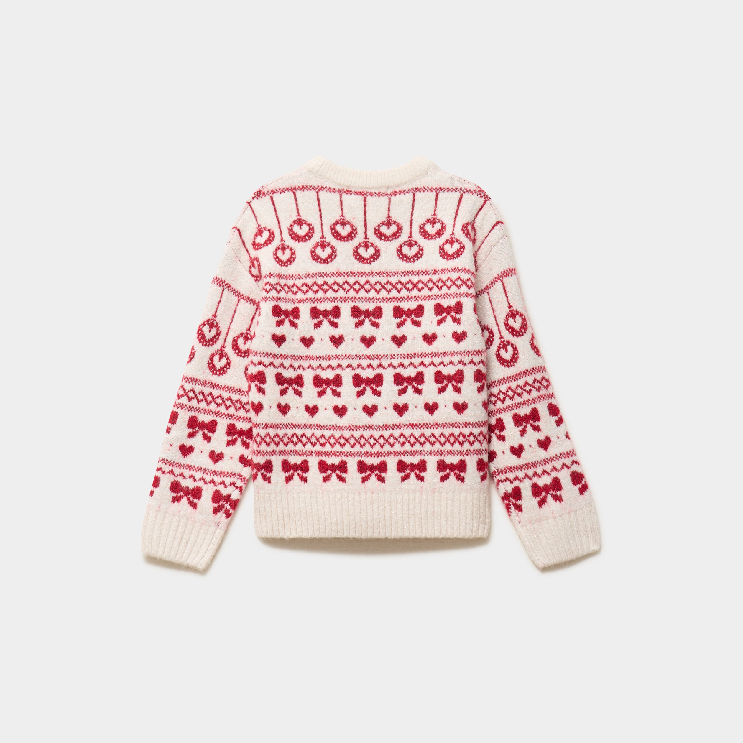 Pull manches longues col rond jacquard ecru fille