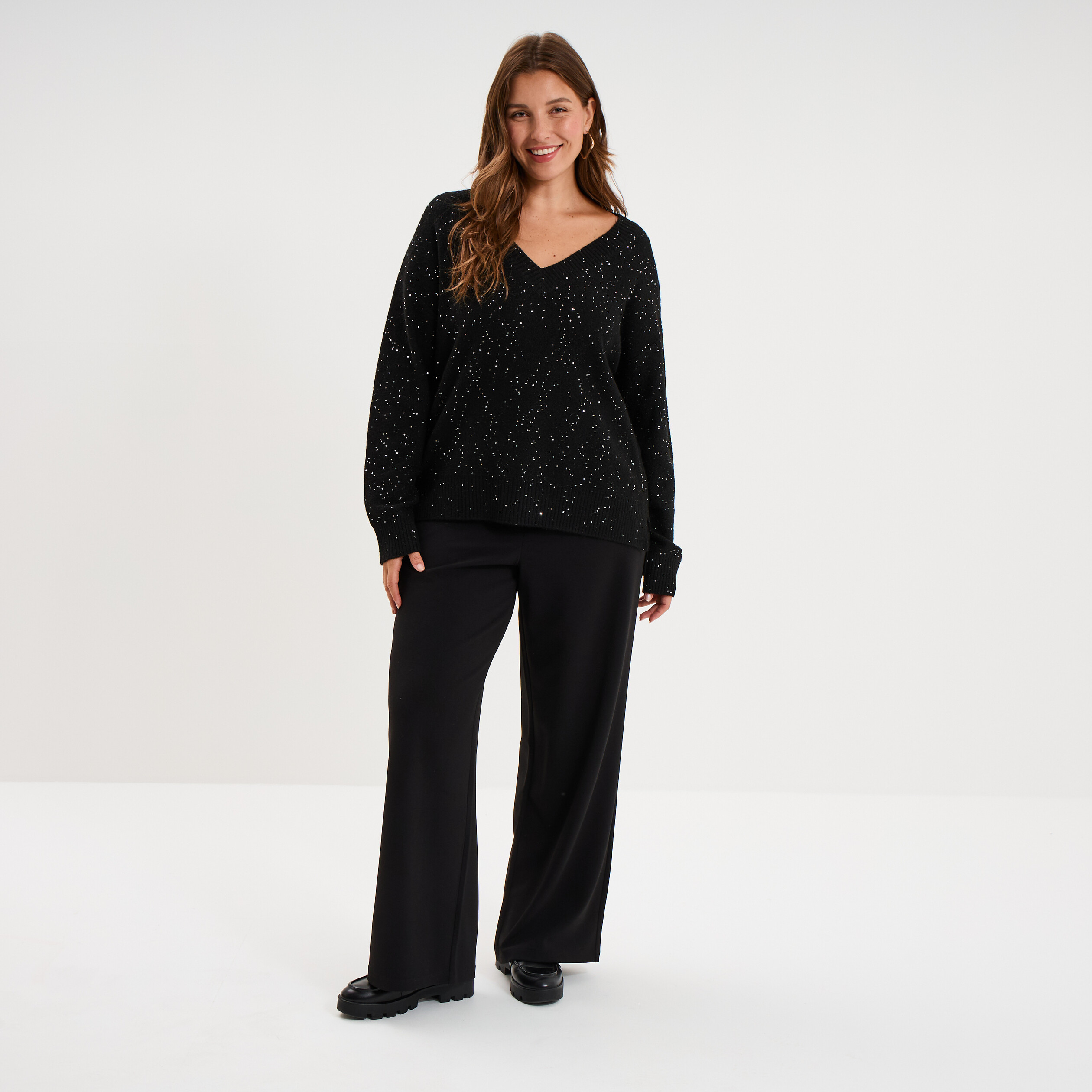 Pull droit sequins col V manches longues noir femme grande taille