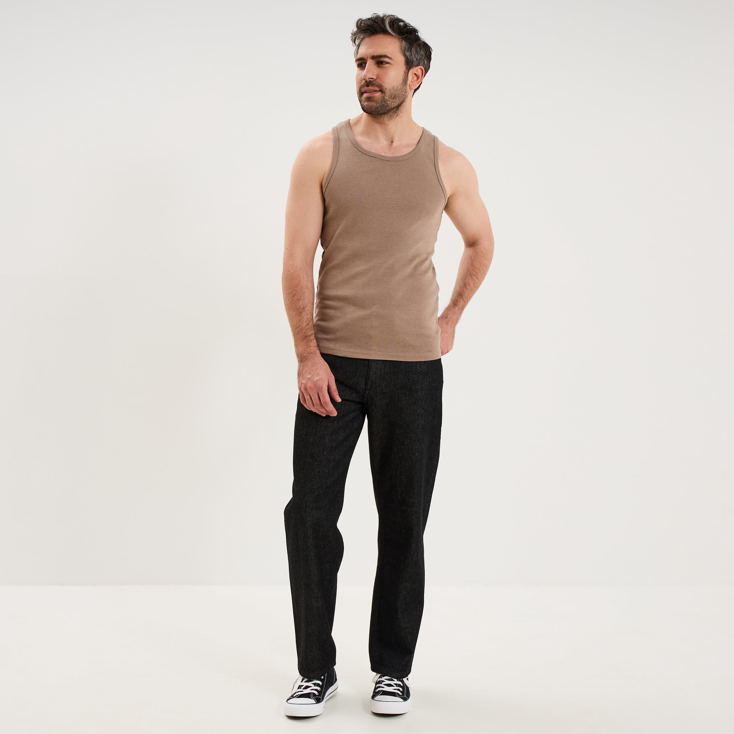 D&eacute;bardeur droit coton bretelles larges taupe homme